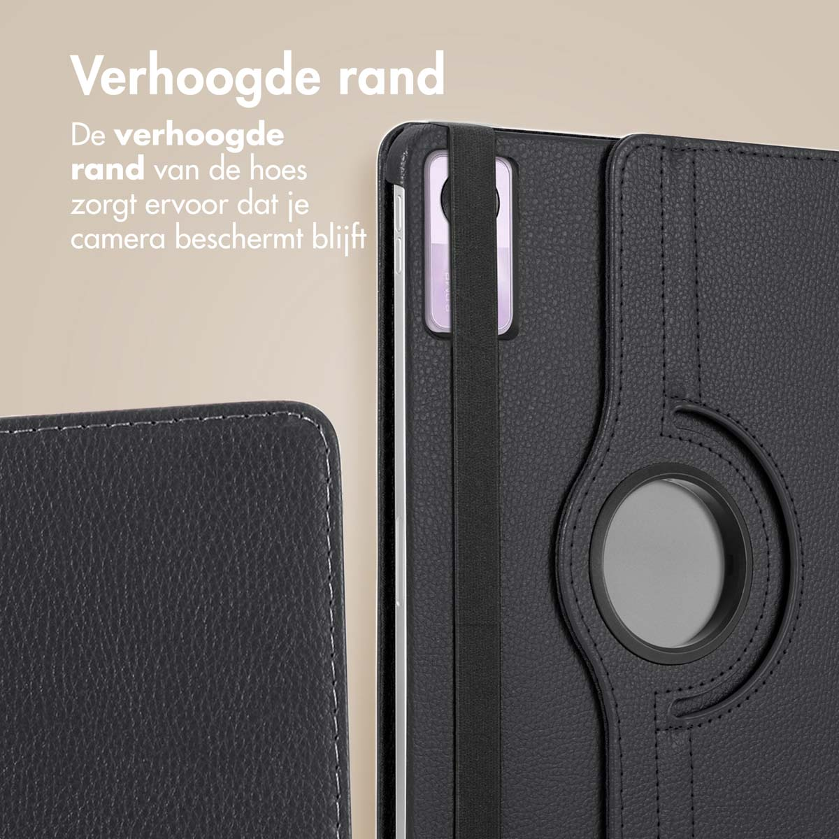 Black tablet case detail. Raised edge, black elastic band. Dutch text.