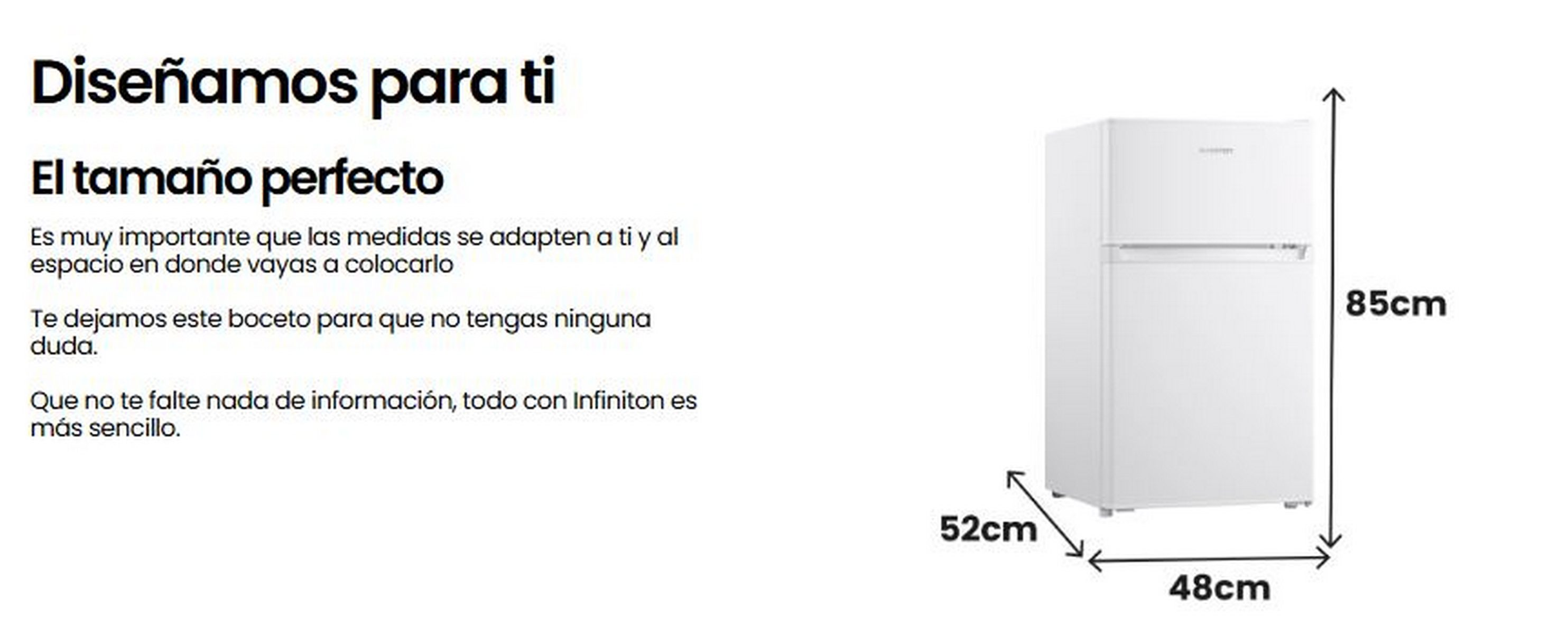 Frigorífico blanco con dimensiones. El frigorífico mide 85 cm alto, 52 cm ancho y 48 cm profundo.