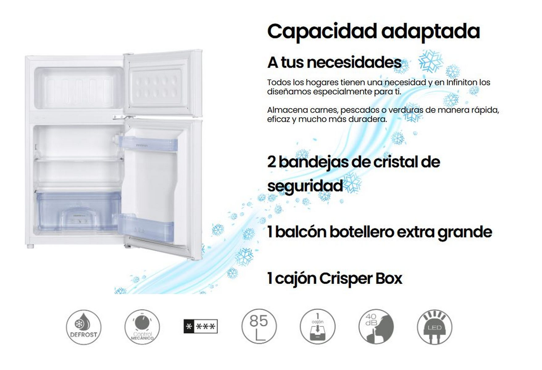 Un refrigerador blanco con las puertas abiertas, mostrando compartimentos internos.