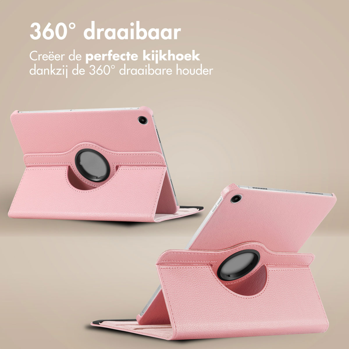 Two pink tablet cases, with a tablet inside, in different positions. The cases have black straps.