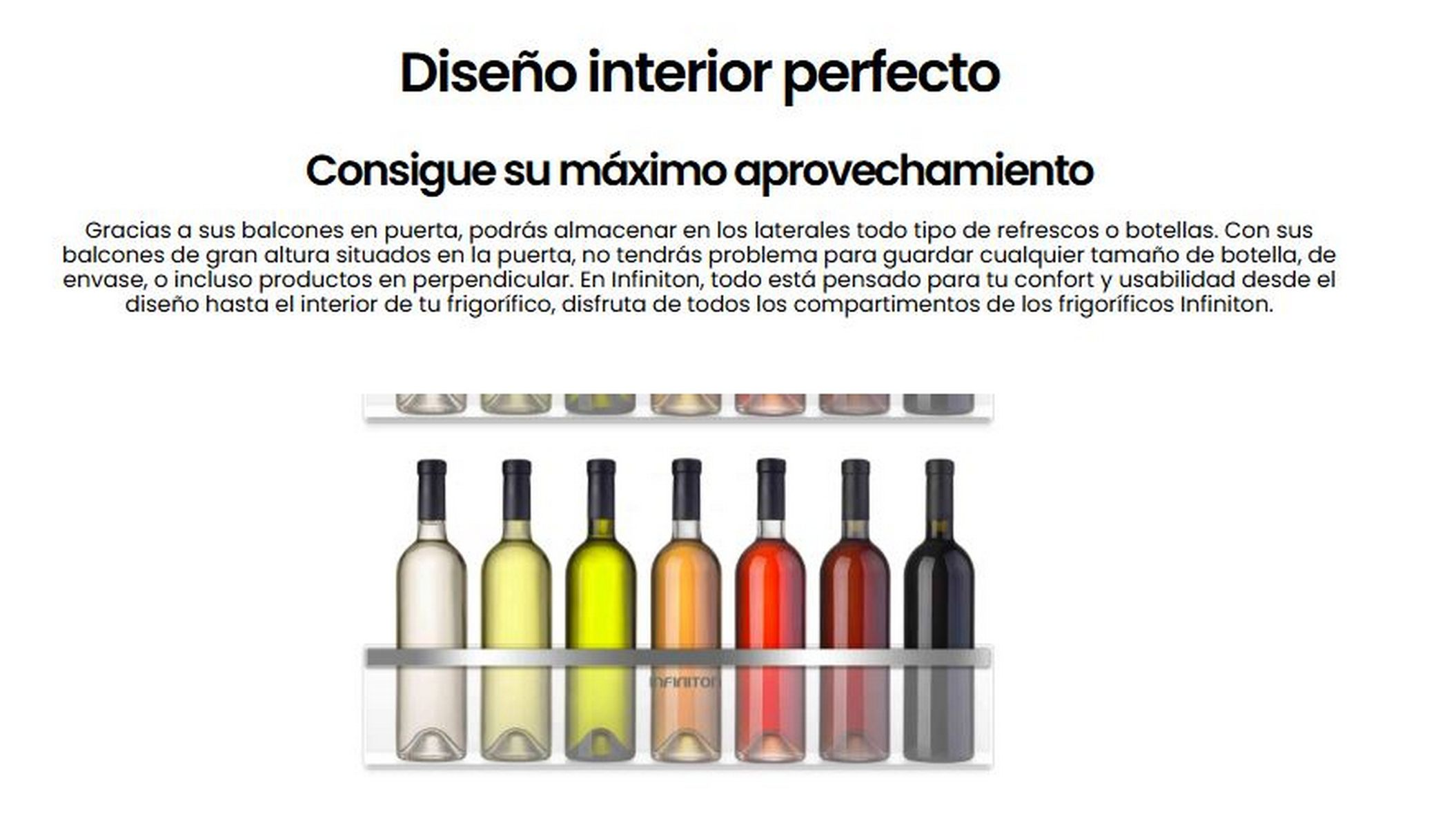 Interior de refrigerador con botellas de vino. Texto en español, promocionando el diseño y sus beneficios.