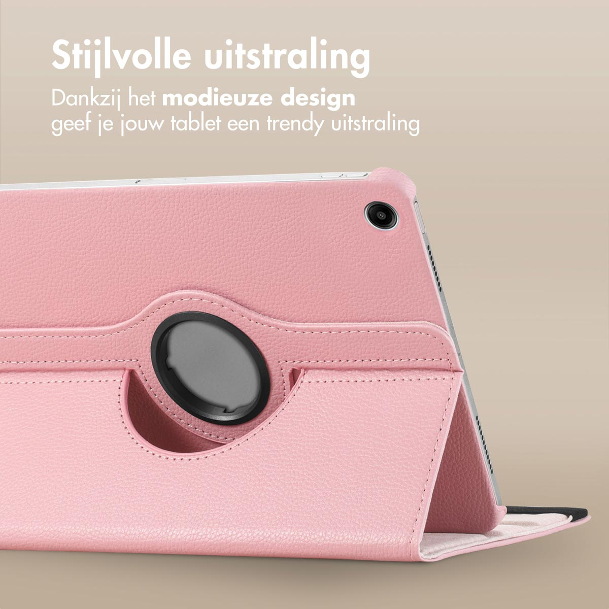 Pink tablet case with a black elastic band. The case shows a trendy design. Tablet is in the case. 