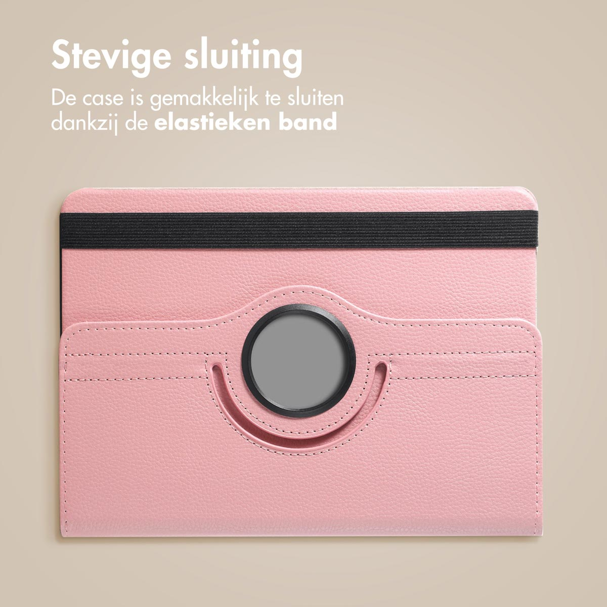 Pink tablet case with black elastic band. Text: Stevige sluiting. Case is made of leather.