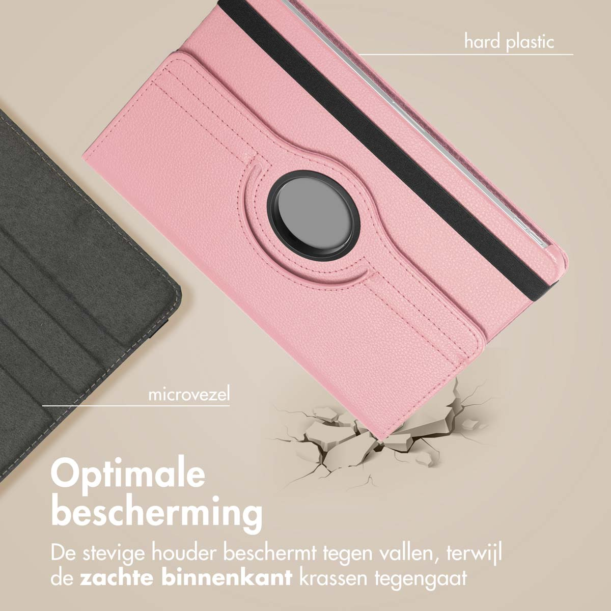 Pink tablet case with a grey case and text. White text on the image. White background.