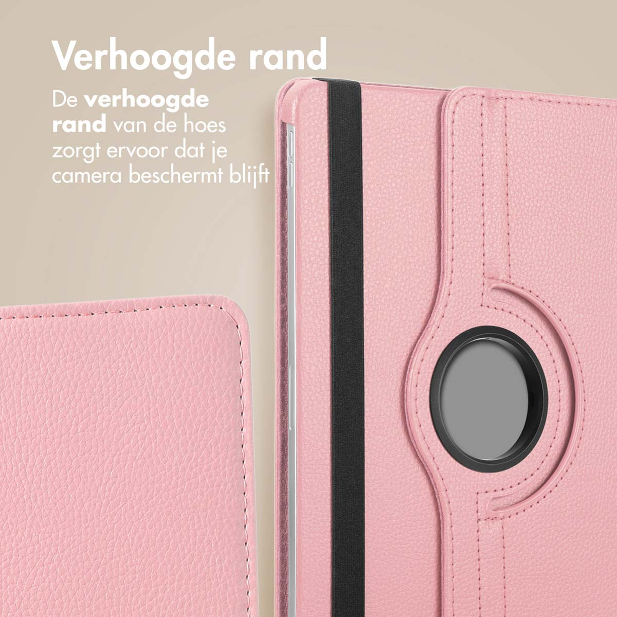 A pink tablet case with a tablet inside, shown open.
