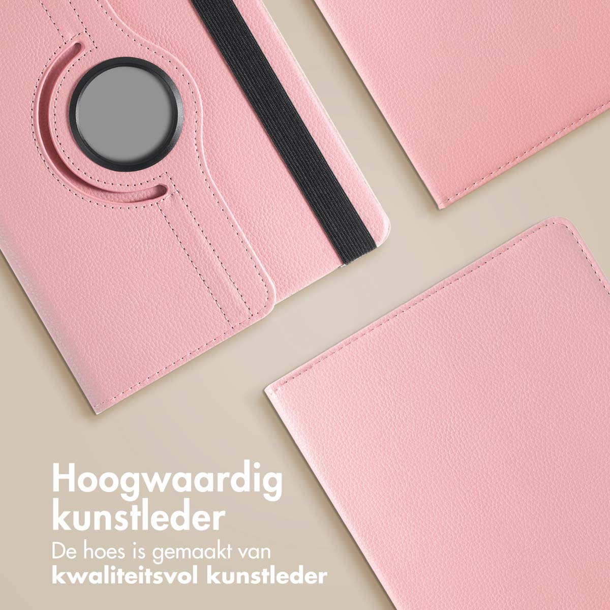 Pink tablet case with a tablet inside. The case is open, with the tablet propped up. The background is light pink.