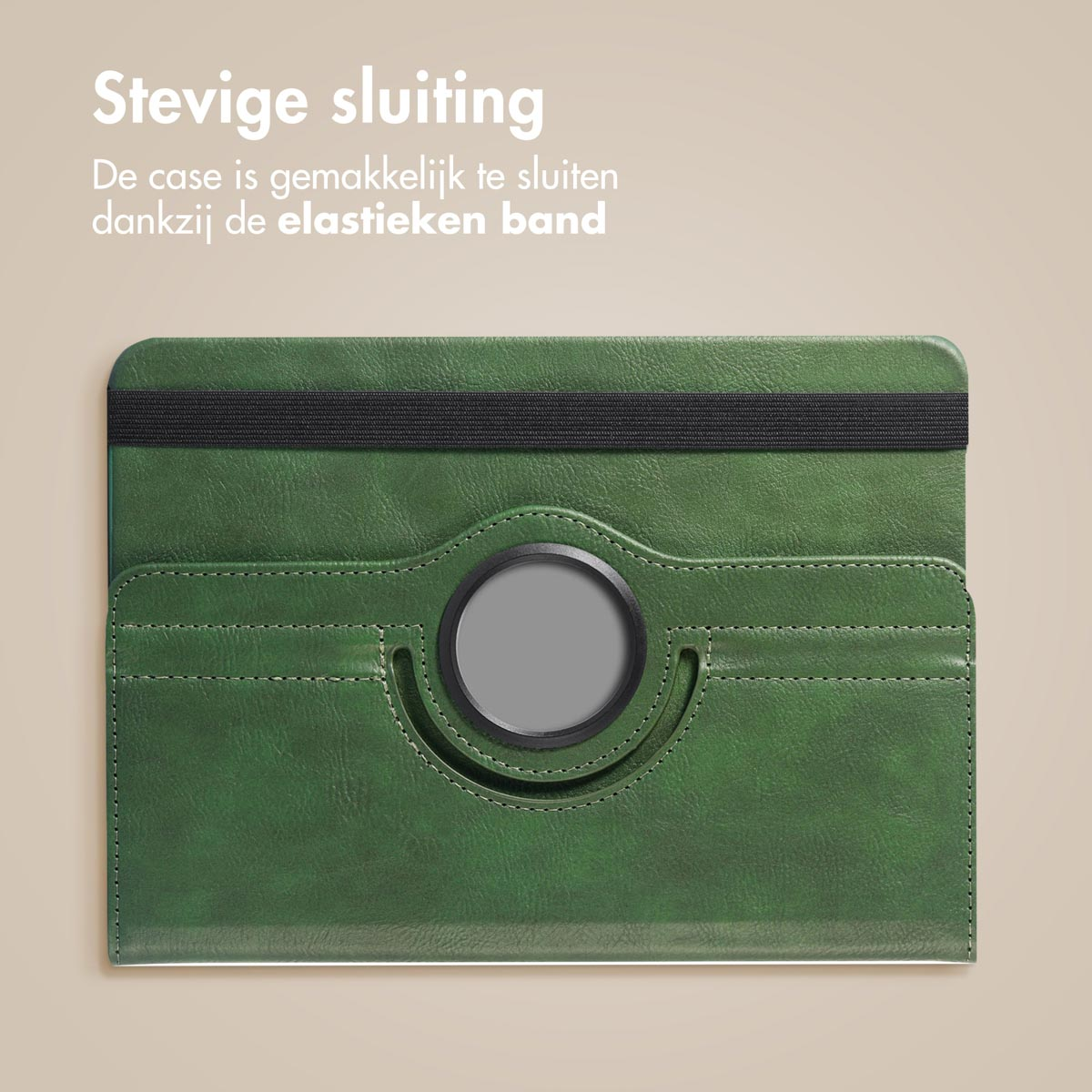 Green tablet case with an elastic band closure and a rotating ring.