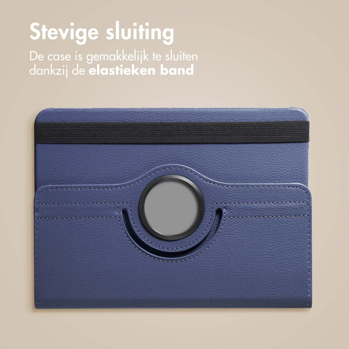 Blue tablet case with a black elastic band. The case has a circular opening for the camera and a sturdy closure.