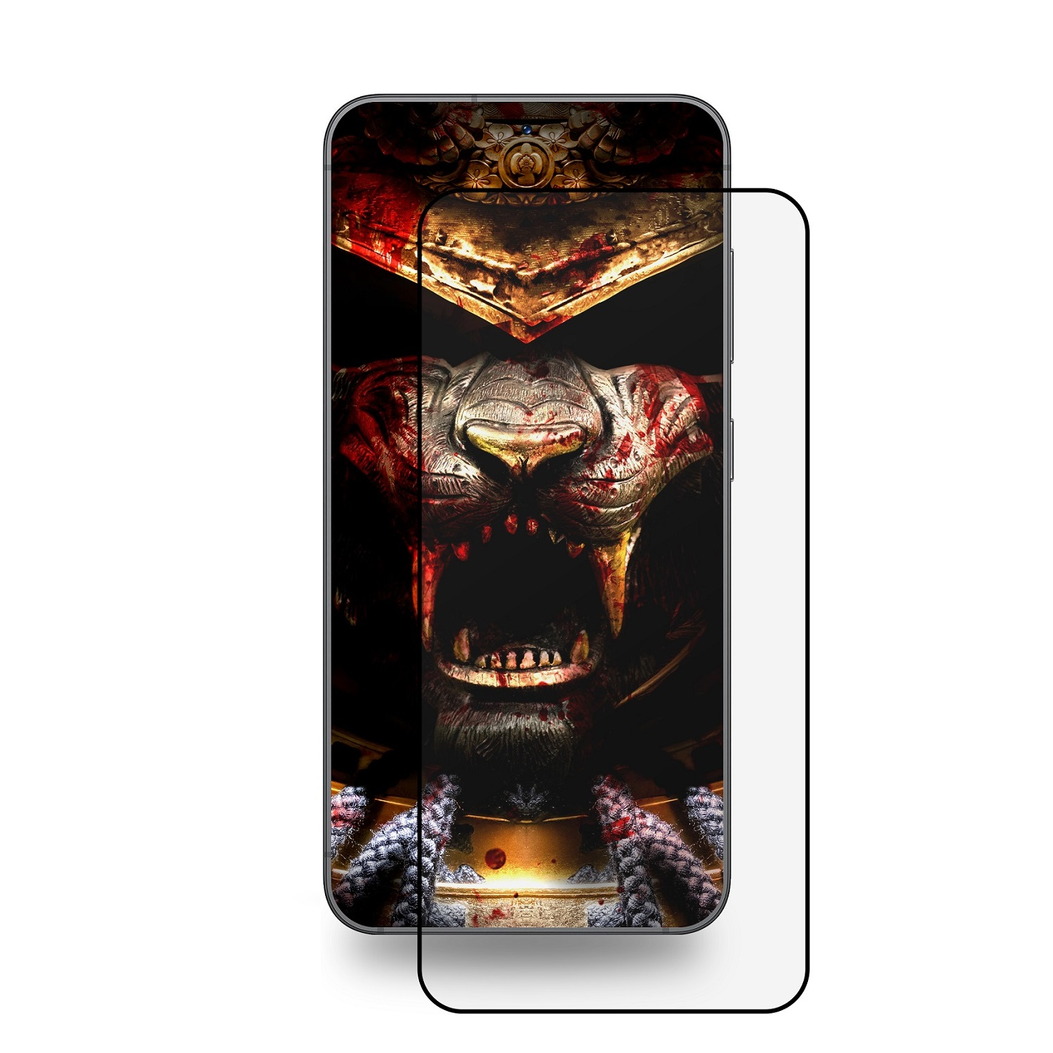Ein Telefonbildschirm mit Kriegerdesign und Displayschutzfolie.
