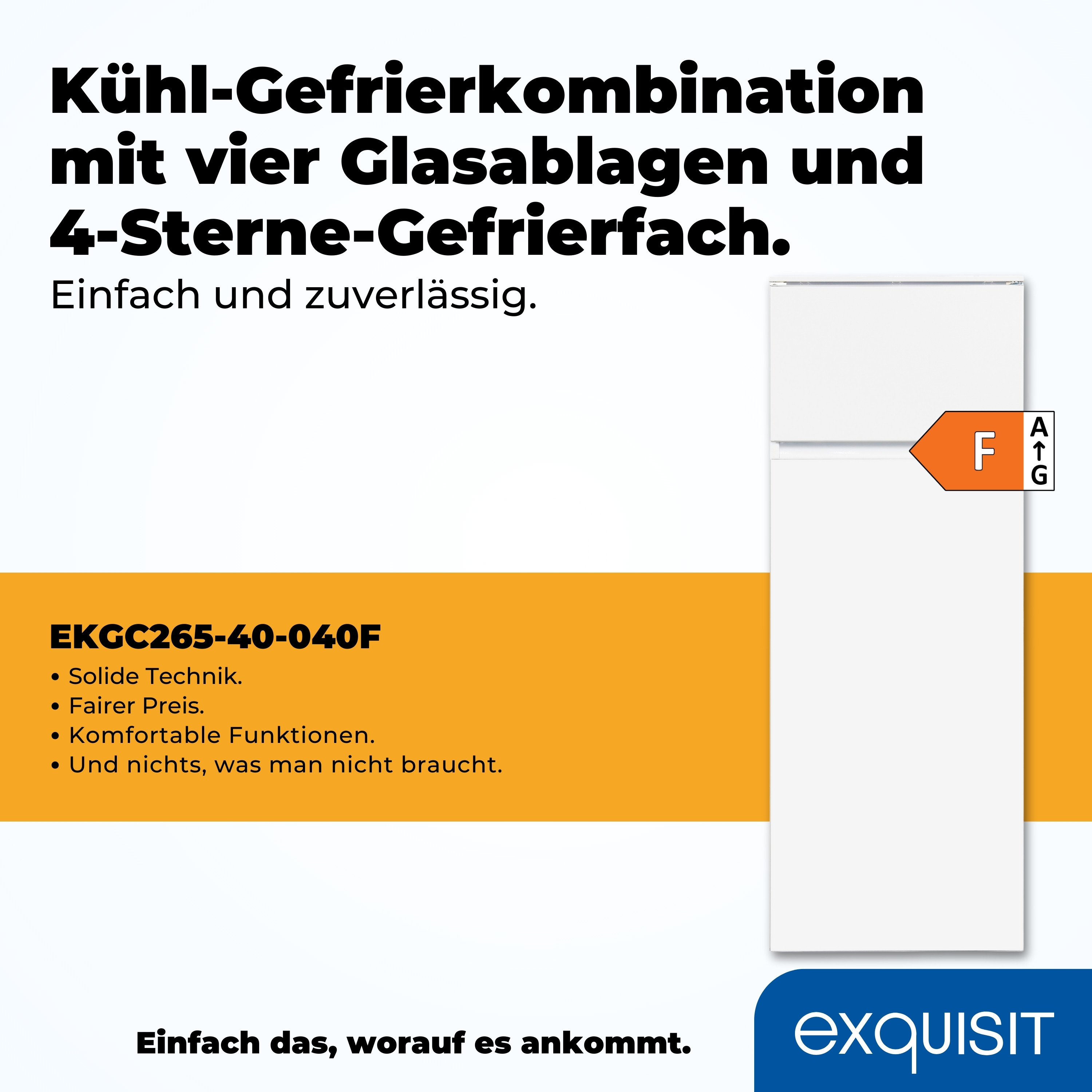 Weißer Kühlschrank mit weißer Tür und Energielabel. Text auf Deutsch.