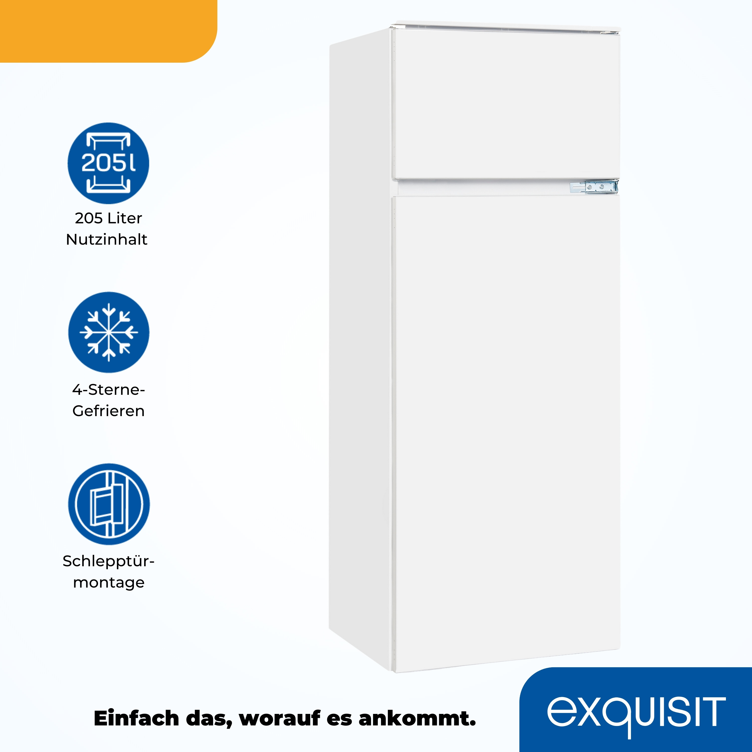 Weißer Kühlschrank mit oberem Gefrierfach. Die Tür hat ein Logo und Symbole für Funktionen.