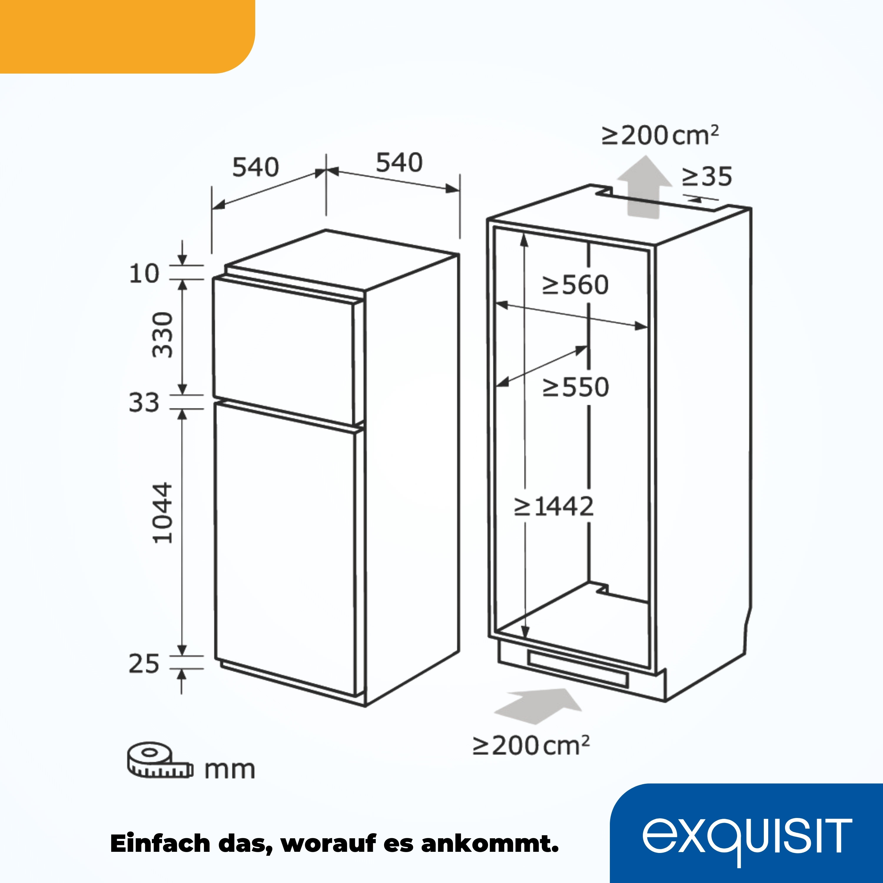 Diagramm eines Kühlschranks und seiner Abmessungen, mit Text auf Deutsch.