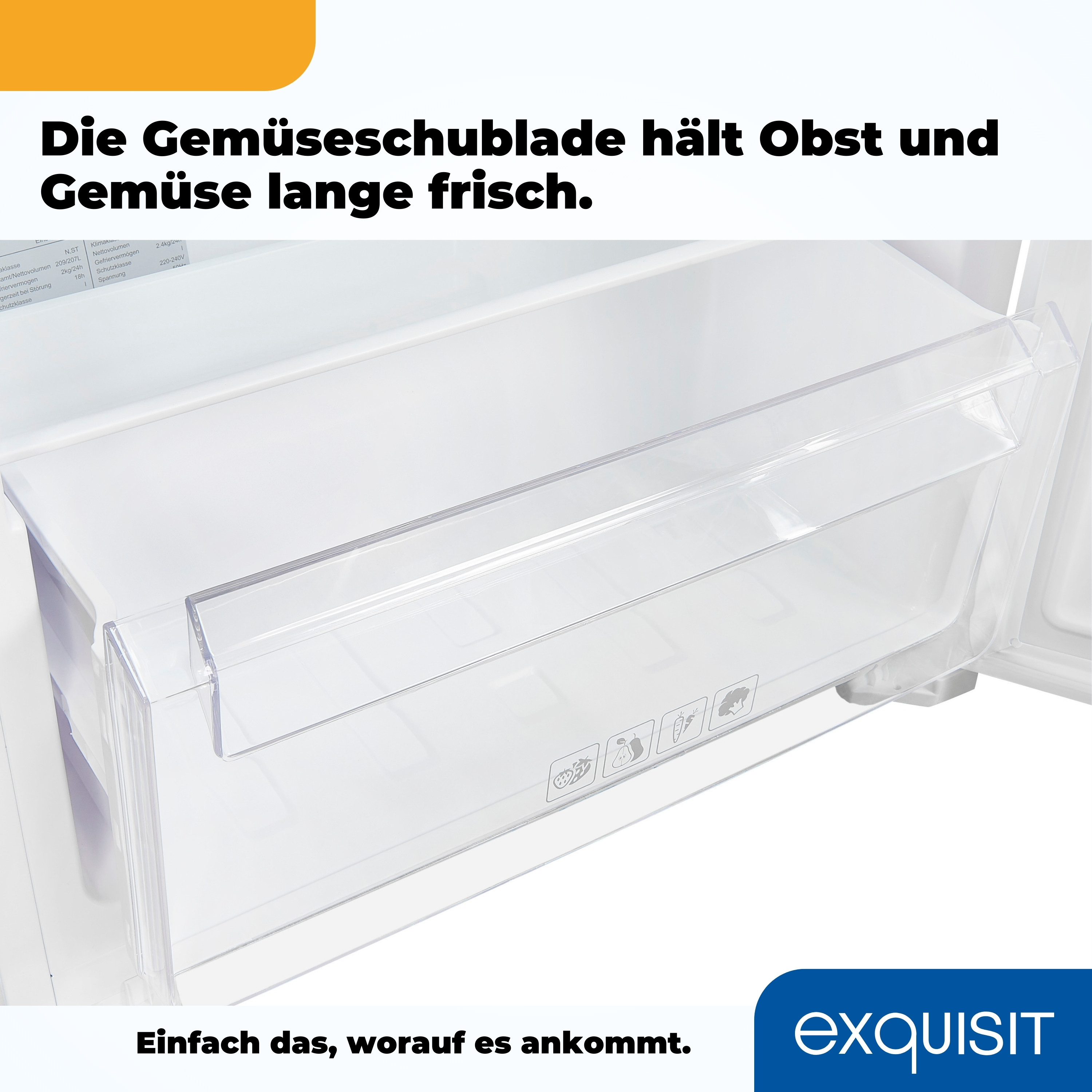Die Gemüseschublade eines Kühlschranks ist geöffnet. Sie hat eine transparente Front mit Bildern.