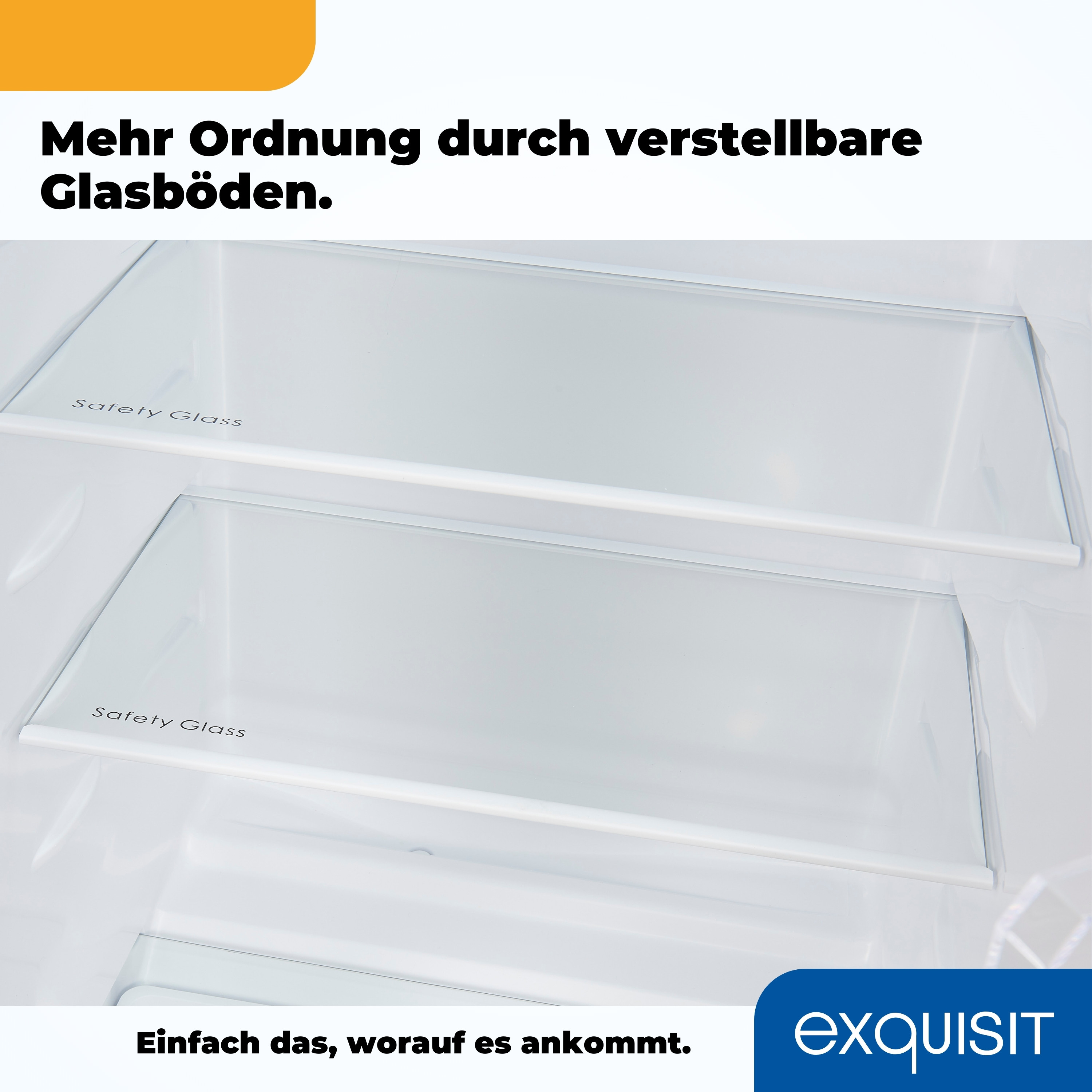 Zwei klare Glasböden in einem weißen Kühlschrank. Der Text lautet 'Sicherheitsglas' auf jedem Regal.