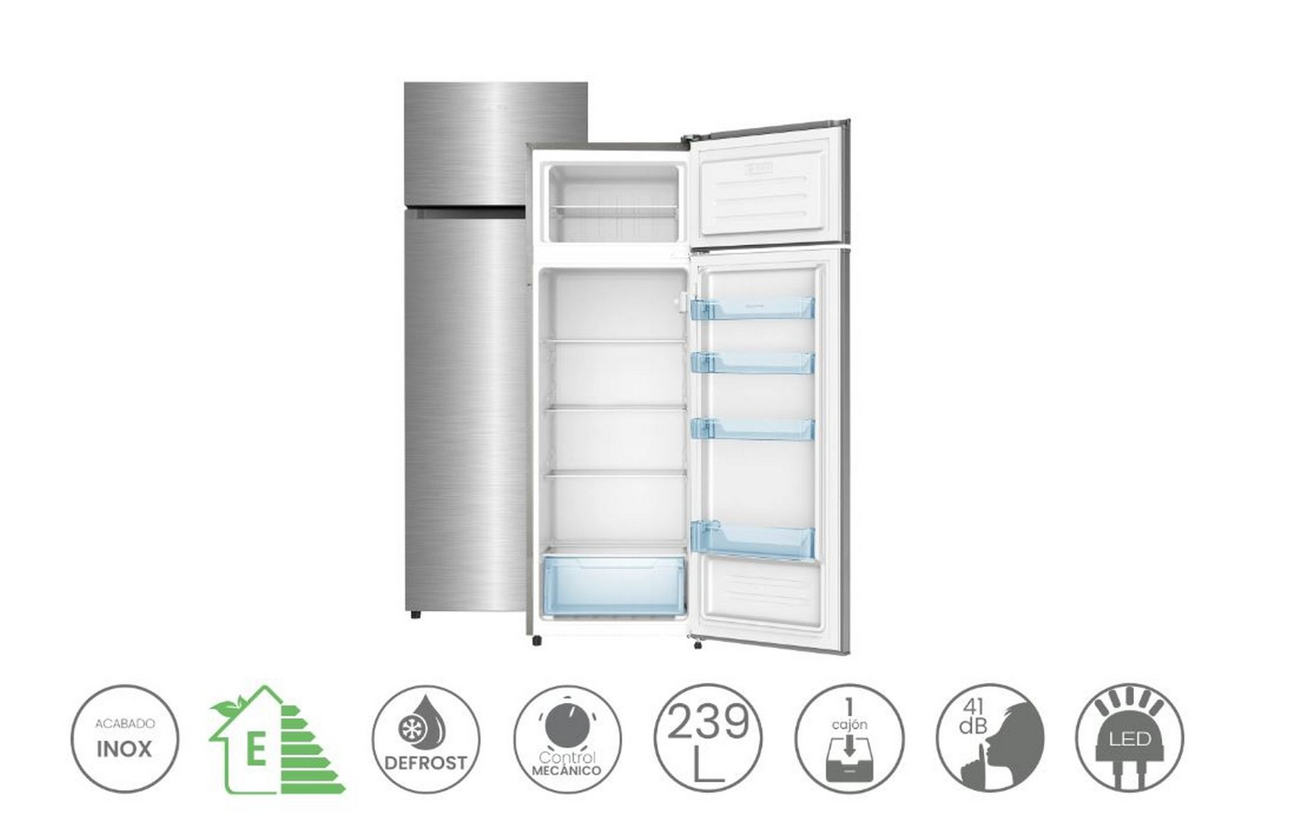 Un frigorífico de acero inoxidable con la puerta abierta. Tiene varios estantes y cajones.