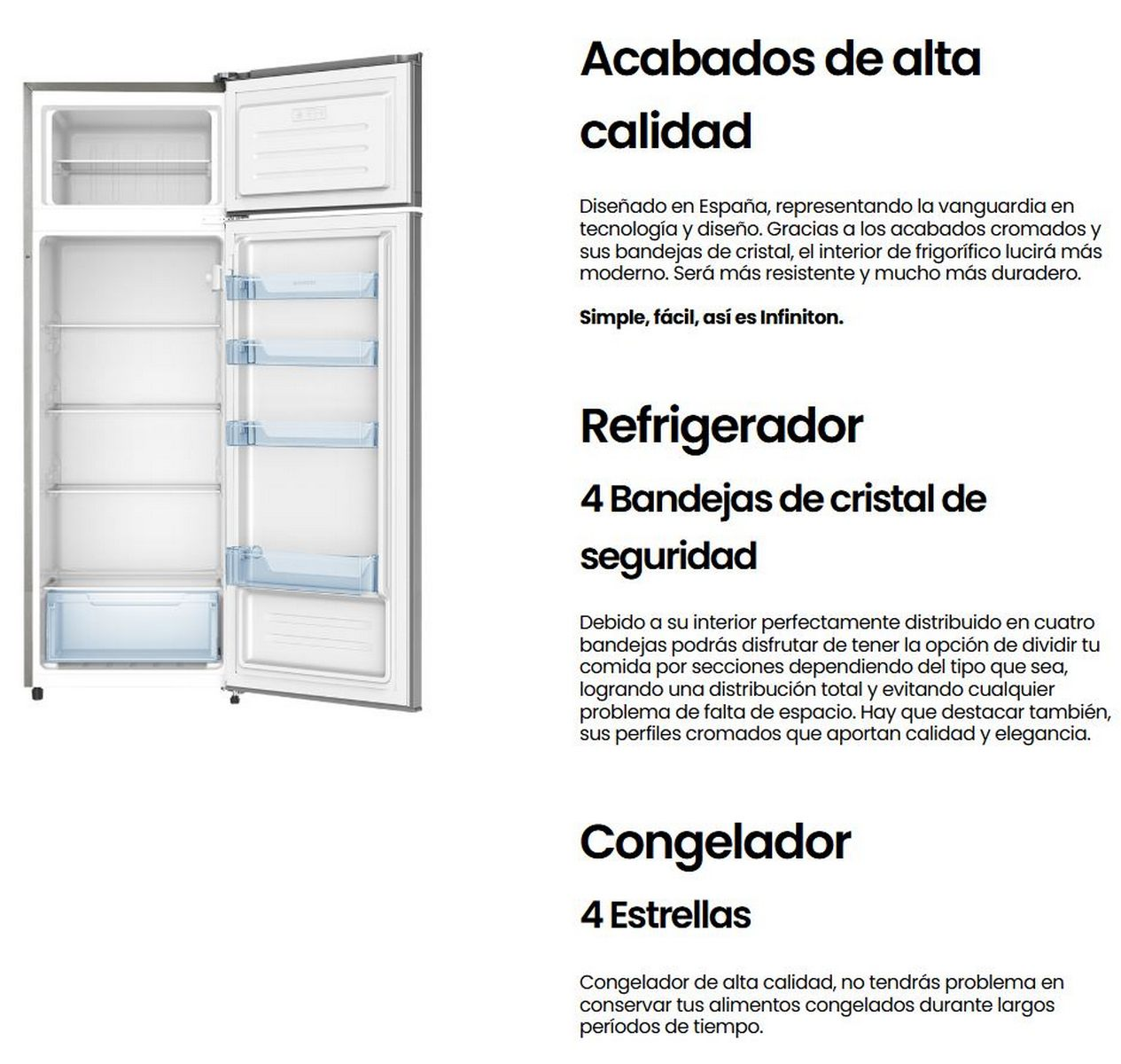 Refrigerador blanco con puertas abiertas, mostrando estantes en su interior. Texto en español al lado.