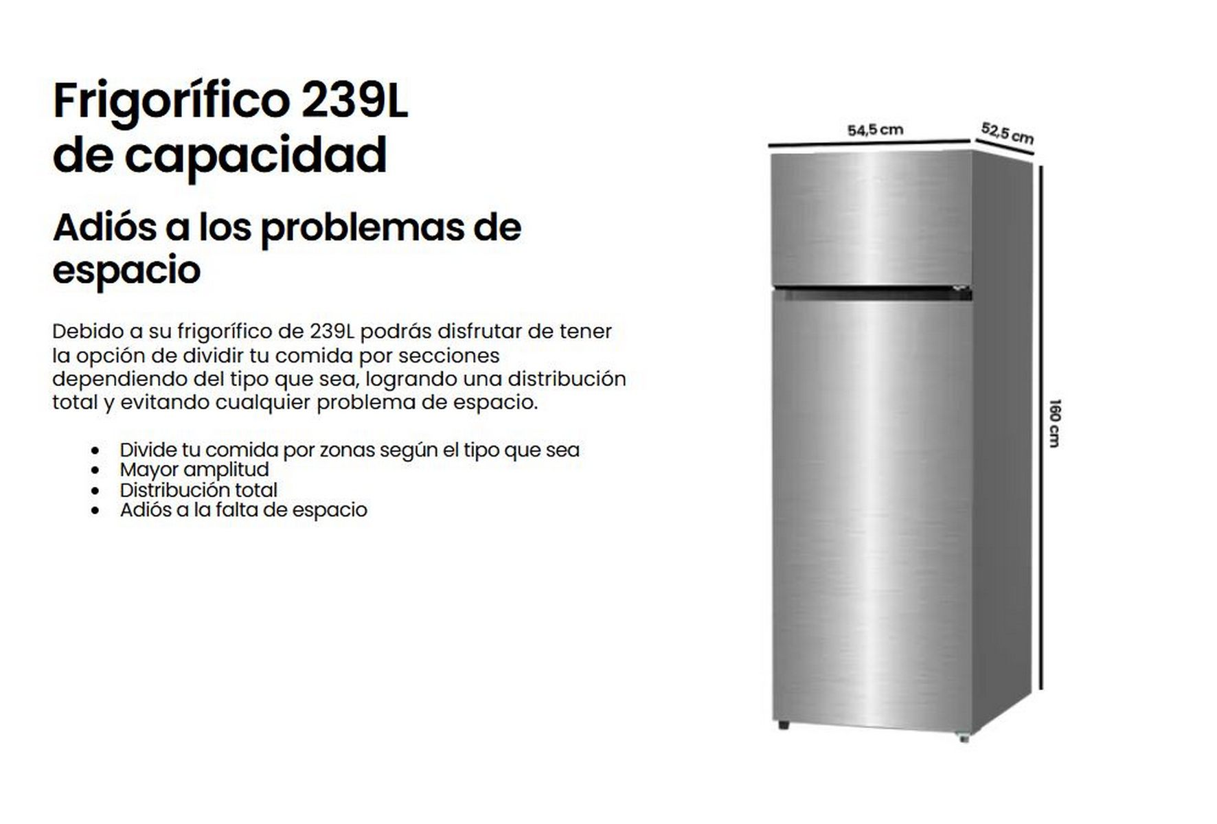 Refrigerador plateado, con texto en español que describe sus características y dimensiones. Es un modelo de dos puertas.