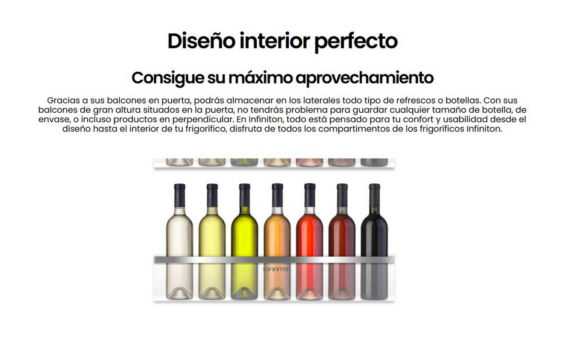 Estanterías con botellas de vino de varios colores, sobre fondo blanco, con texto en español.