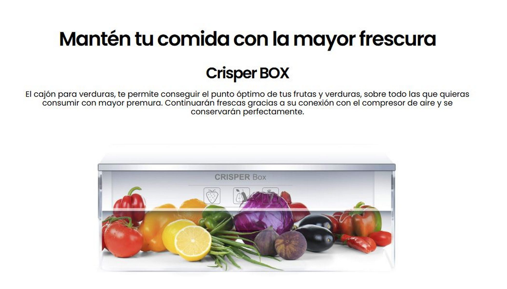 Cajón Crisper con verduras frescas dentro. Texto en español arriba. Fondo blanco.