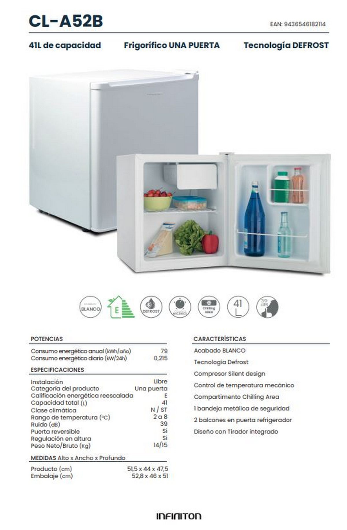 Un refrigerador blanco con la puerta abierta. En el interior hay estantes con alimentos y botellas.