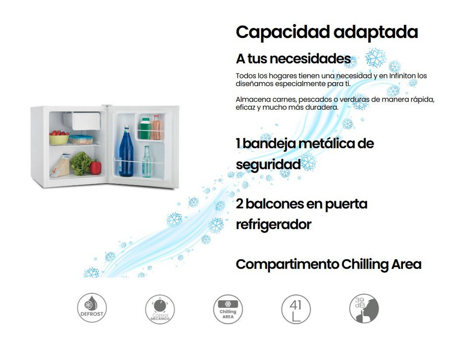 Pequeño frigorífico, puerta abierta, mostrando alimentos. Detalles de texto y copos de nieve.
