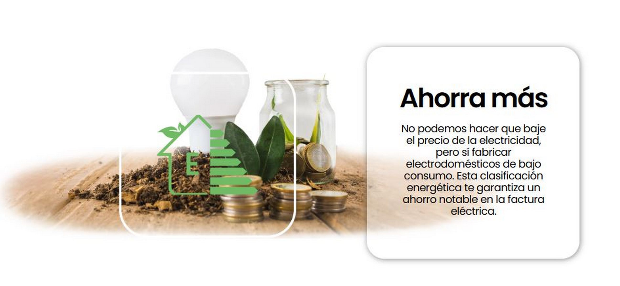 Imagen con texto sobre ahorro de energía. Incluye bombilla, monedas y etiqueta energética.