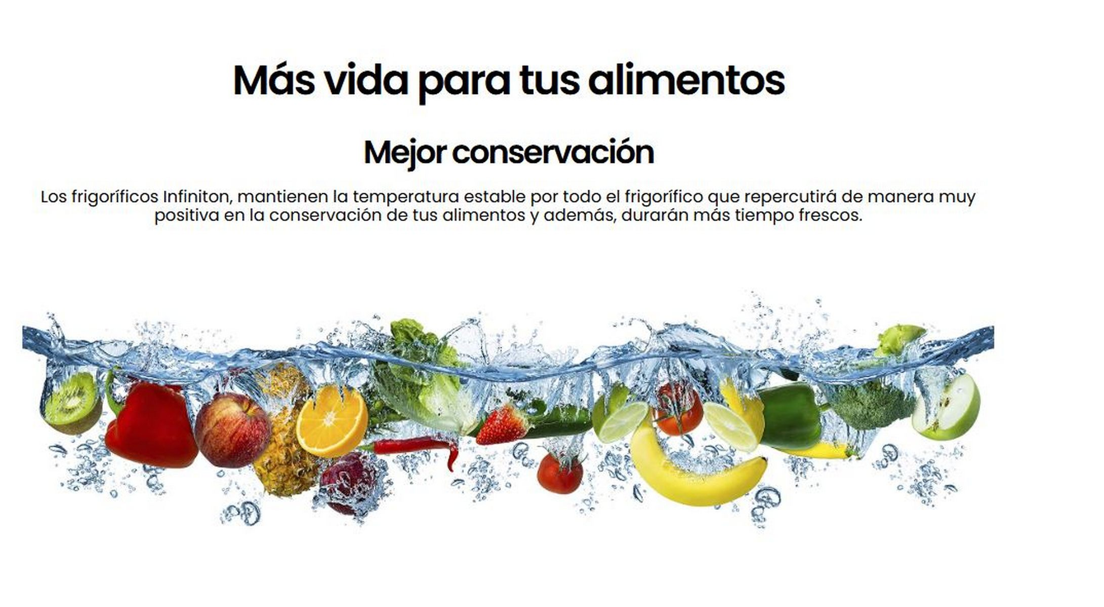 Frutas frescas en agua con texto en español: Más vida para tus alimentos, mejor conservación.