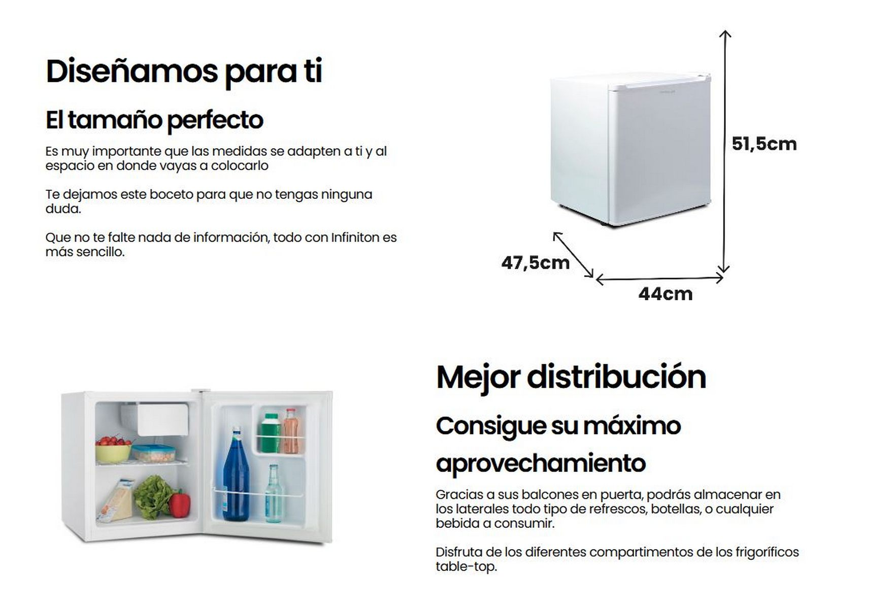 Mininevera blanca con puerta abierta mostrando comida y bebidas. Dimensiones a la izquierda.