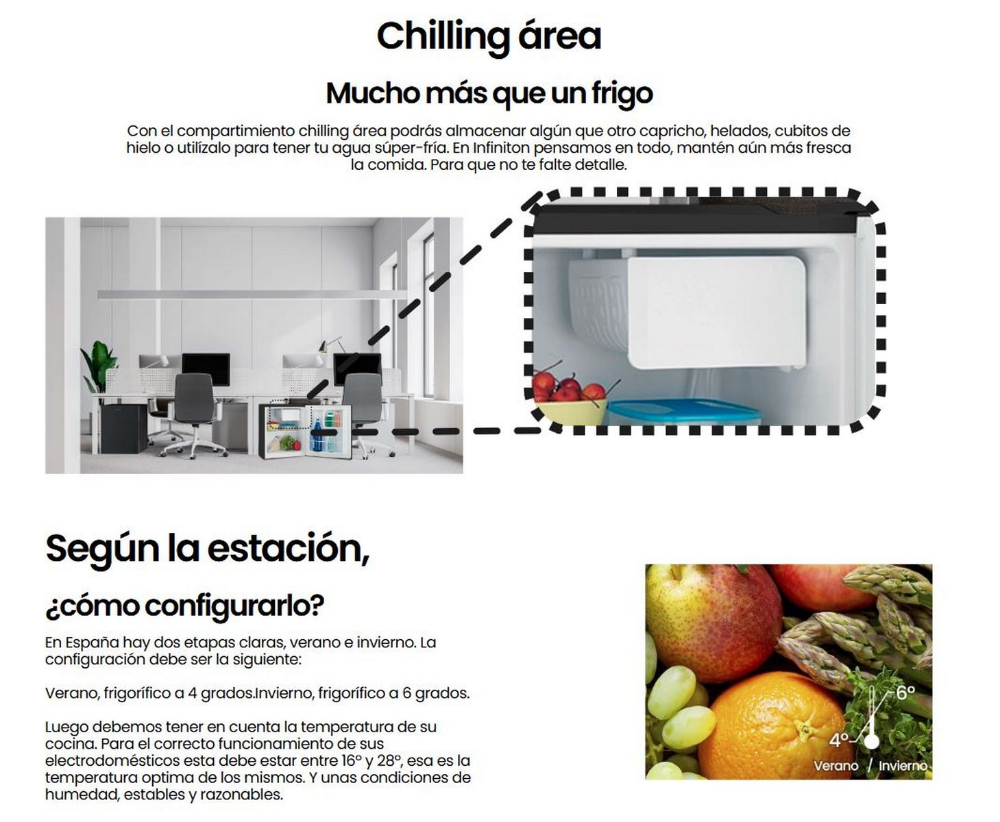 Infografía con refrigerador y detalles. Muestra una escena de cocina, alimentos y ajustes de temperatura en español.