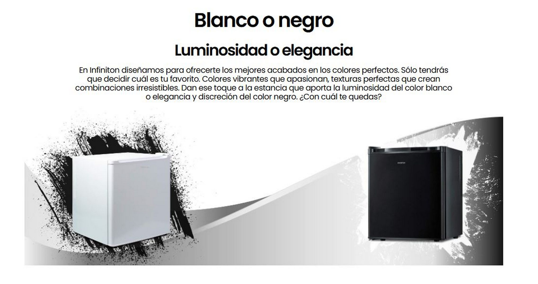 Dos refrigeradores, uno blanco, uno negro, con salpicaduras de pintura abstractas y texto.