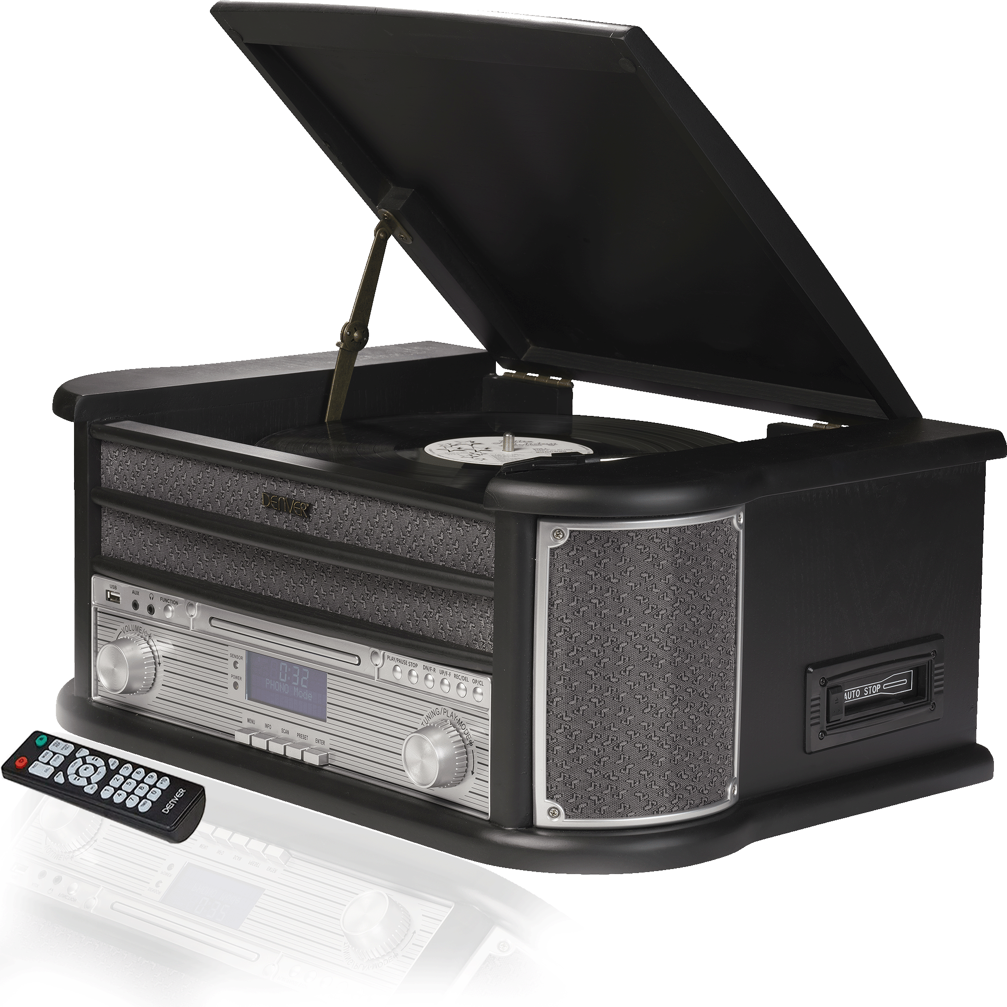 Czarny drewniany gramofon z otwartą pokrywą. Z przodu pilot. Posiada funkcje CD i radia.