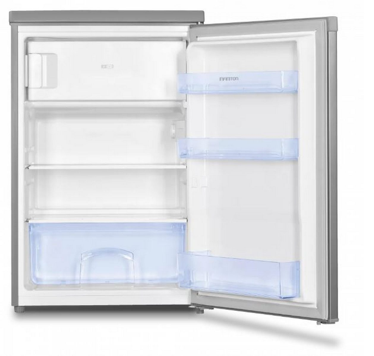 Un pequeño refrigerador abierto con estantes, cajones. Está vacío y blanco.