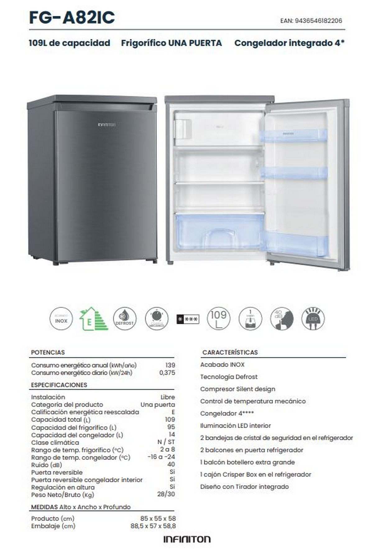 Un refrigerador plateado de una puerta con especificaciones en español. La puerta está abierta, mostrando estantes y congelador.
