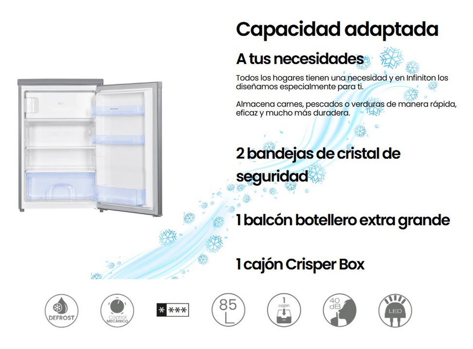 Un refrigerador con la puerta abierta. Tiene estantes de vidrio y un botellero. Texto en español.