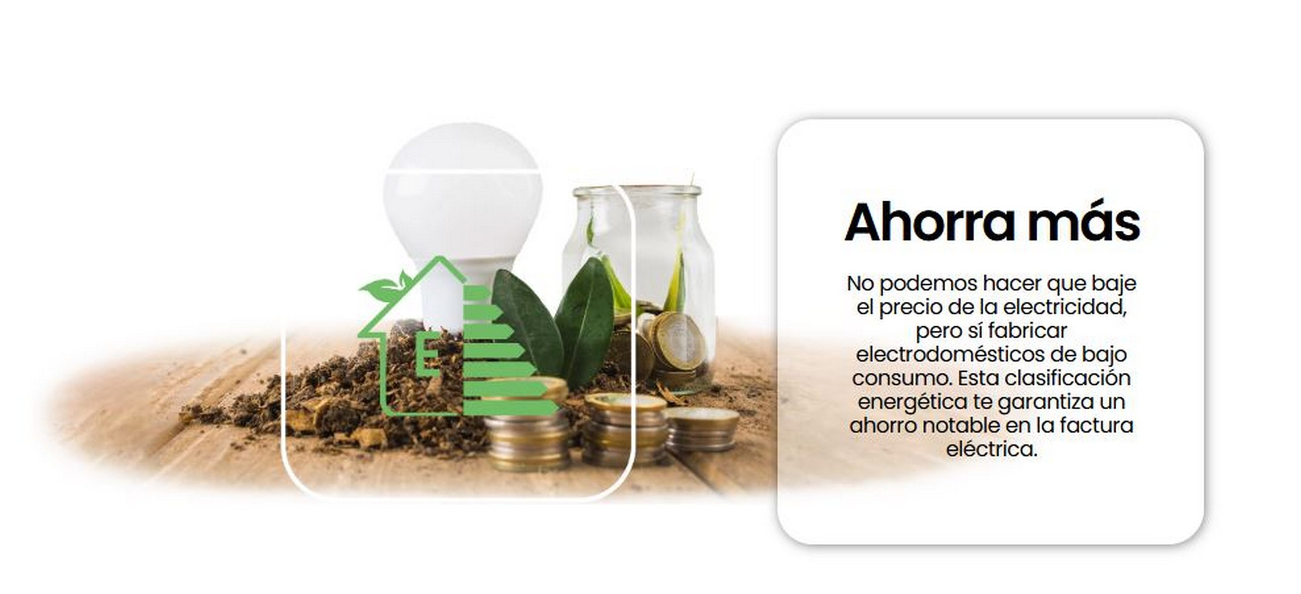 Imagen muestra bombilla con monedas y plantas, texto sobre ahorro en facturas de energía.