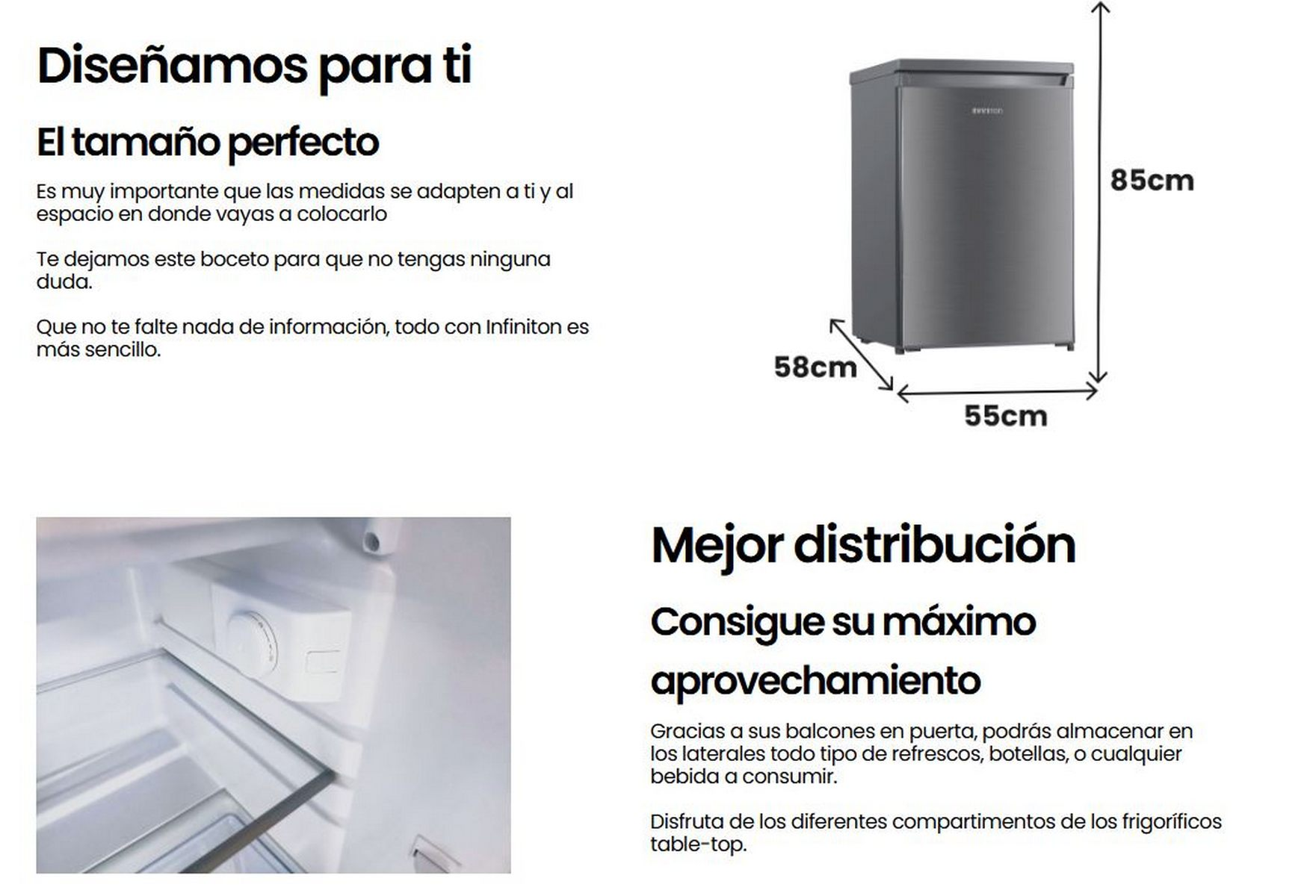 Un mini-refrigerador gris, con dimensiones y texto sobre diseño y eficiencia de almacenamiento.