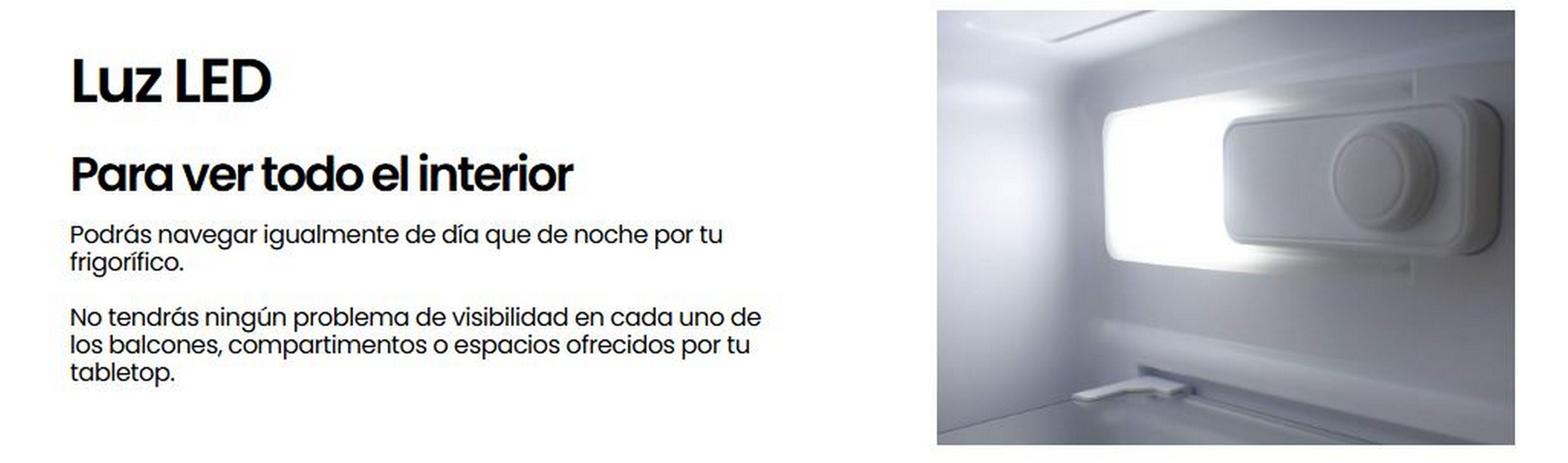 Luz LED blanca dentro de un refrigerador. El texto en español describe la función.