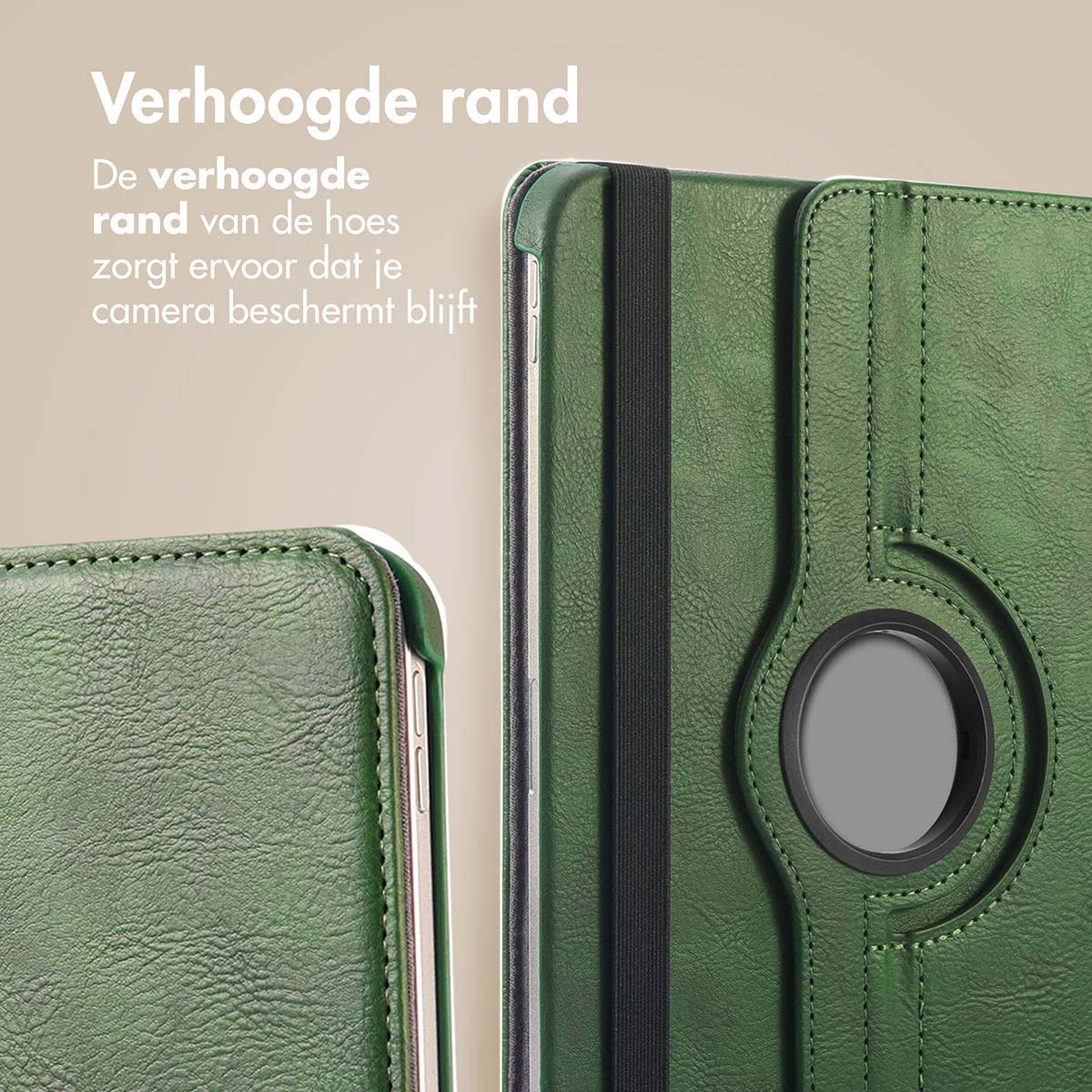 A close-up of a green tablet case with a black strap. The edge of the phone is visible.