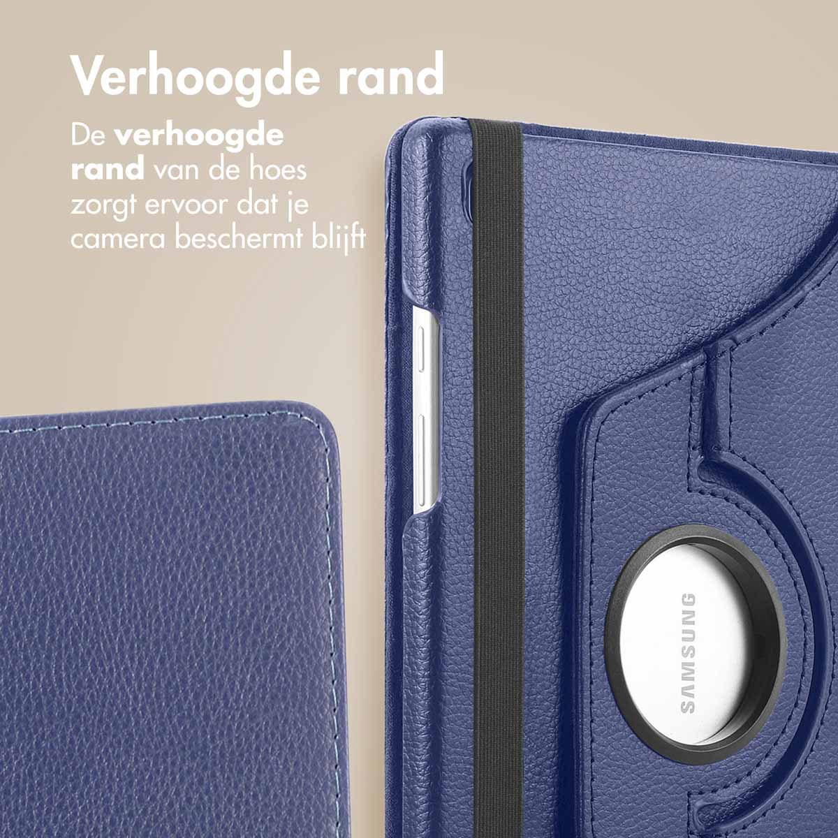 Étui de tablette bleu avec support rotatif et bande élastique noire.