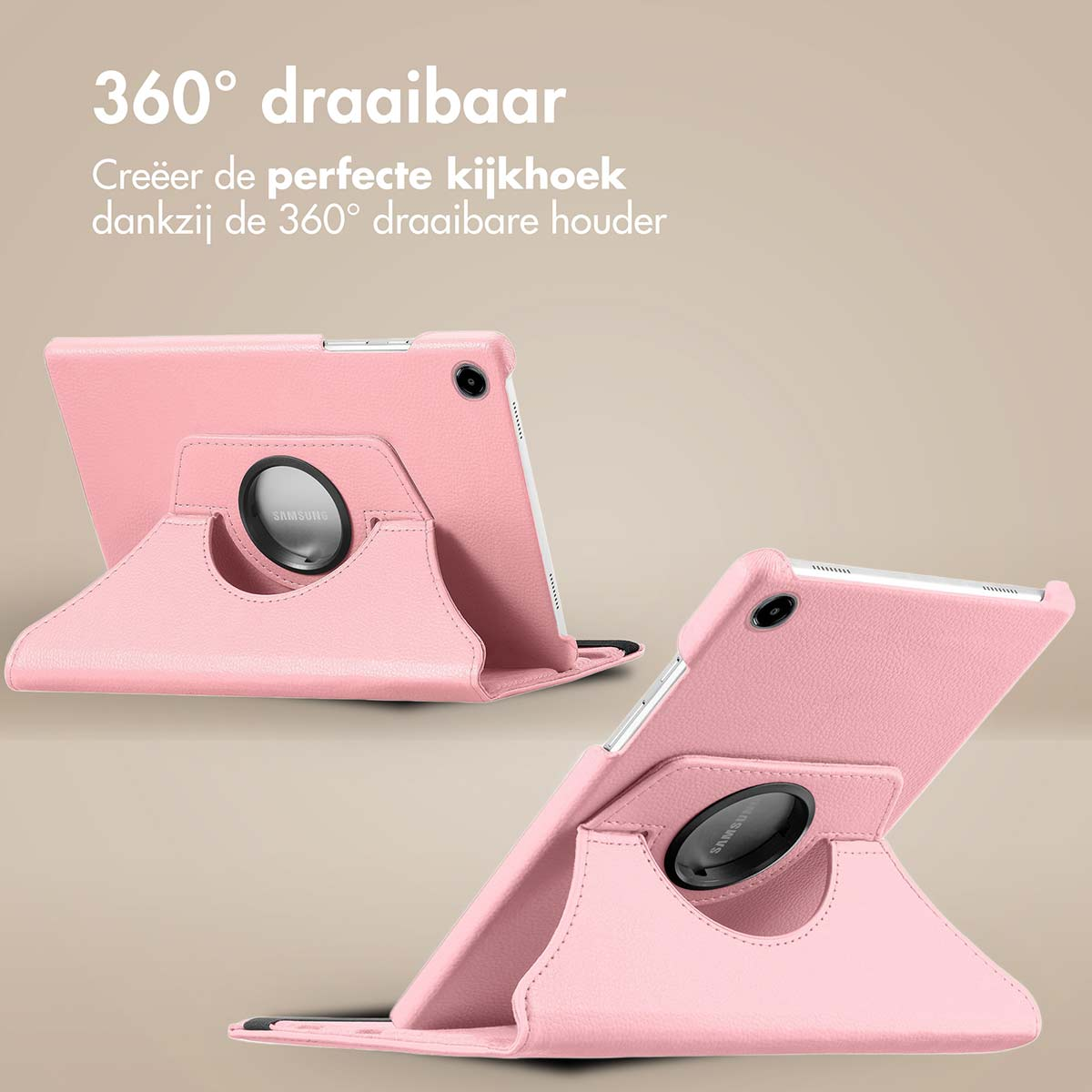 Étui de tablette rose avec support rotatif, avec tablette à l'intérieur.
