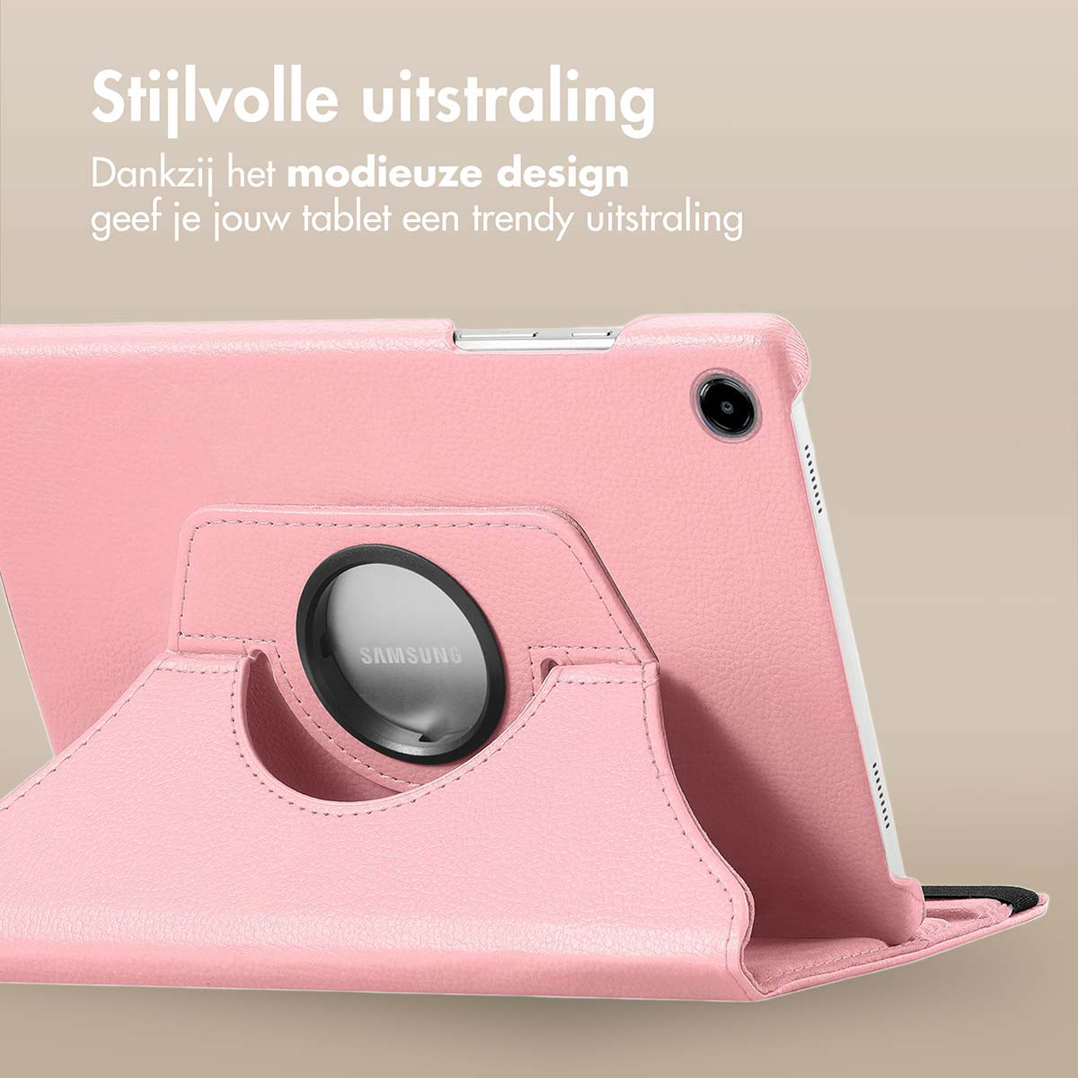 Étui de tablette rose avec tablette et design pliable, avec découpe de caméra ronde.