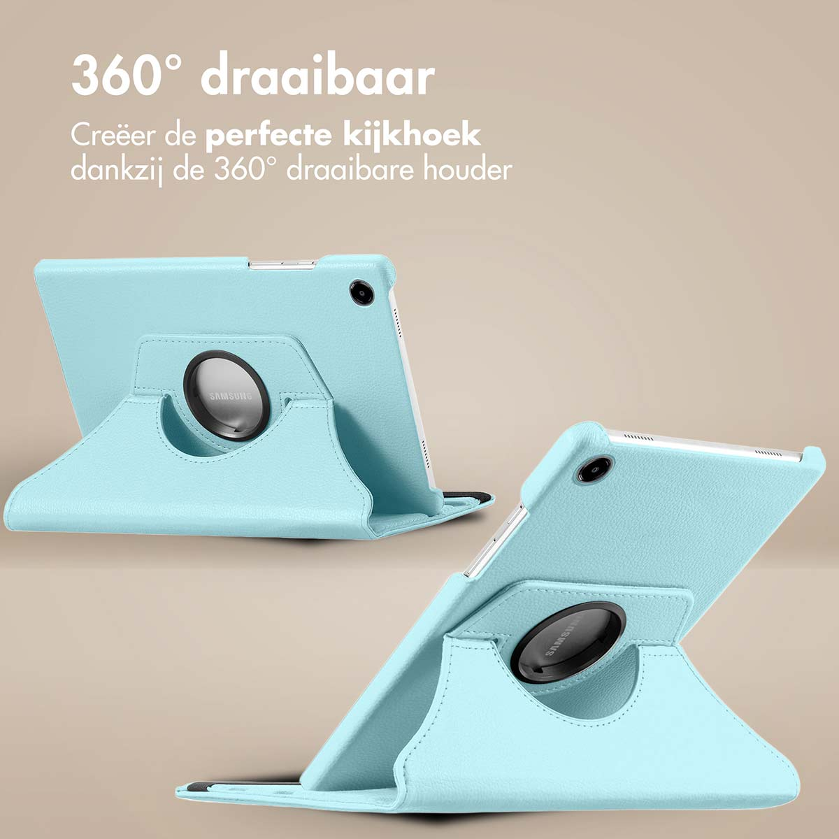Étui de tablette bleu, deux vues, avec un support rotatif. L'étui porte le logo Samsung.