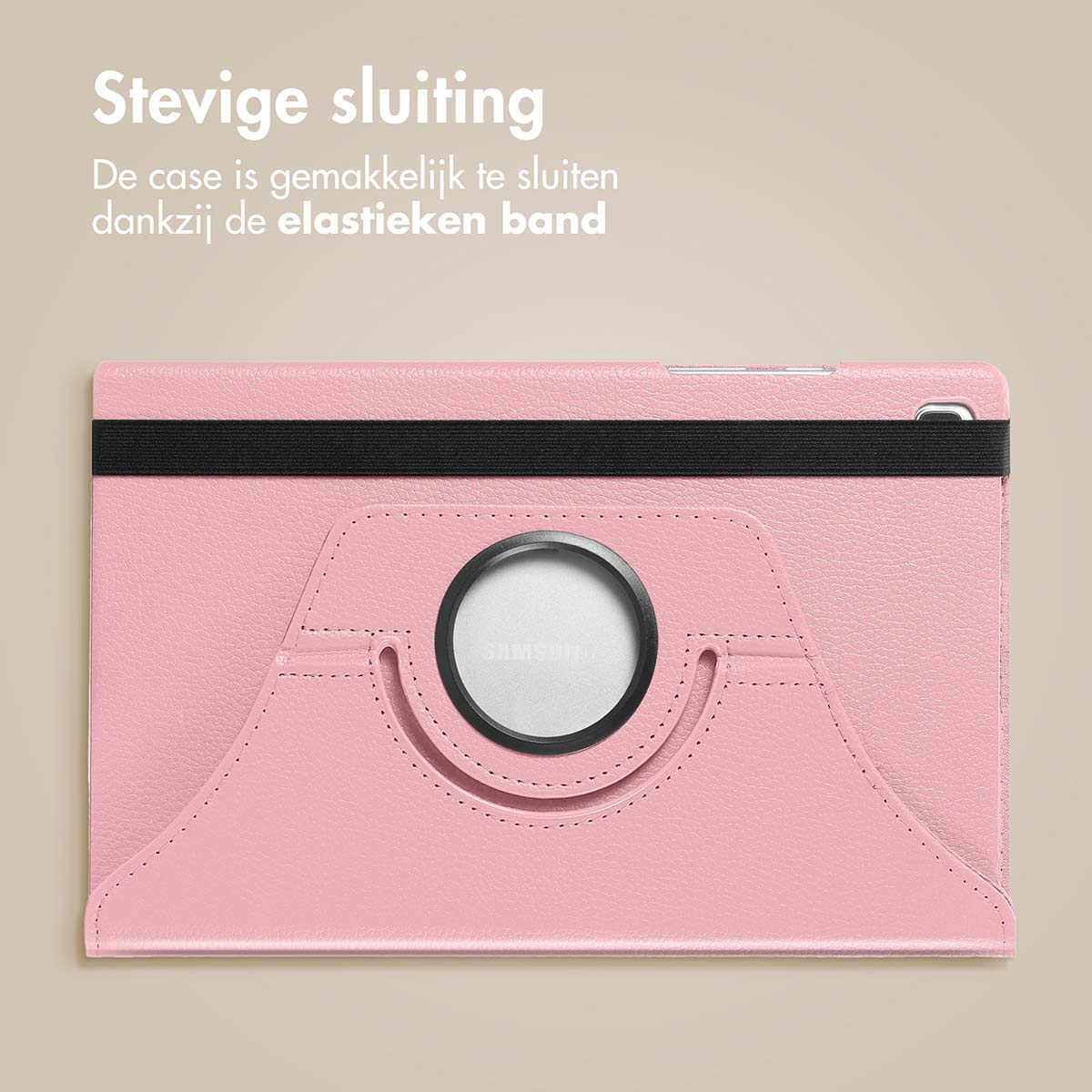 Étui de tablette rose avec bande élastique noire. Texte : "Stevige sluiting".