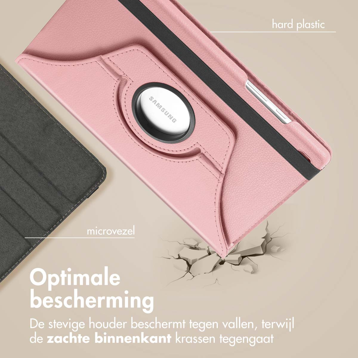 Étui de tablette rose avec support rotatif. Gros plan sur l'étui et la tablette.