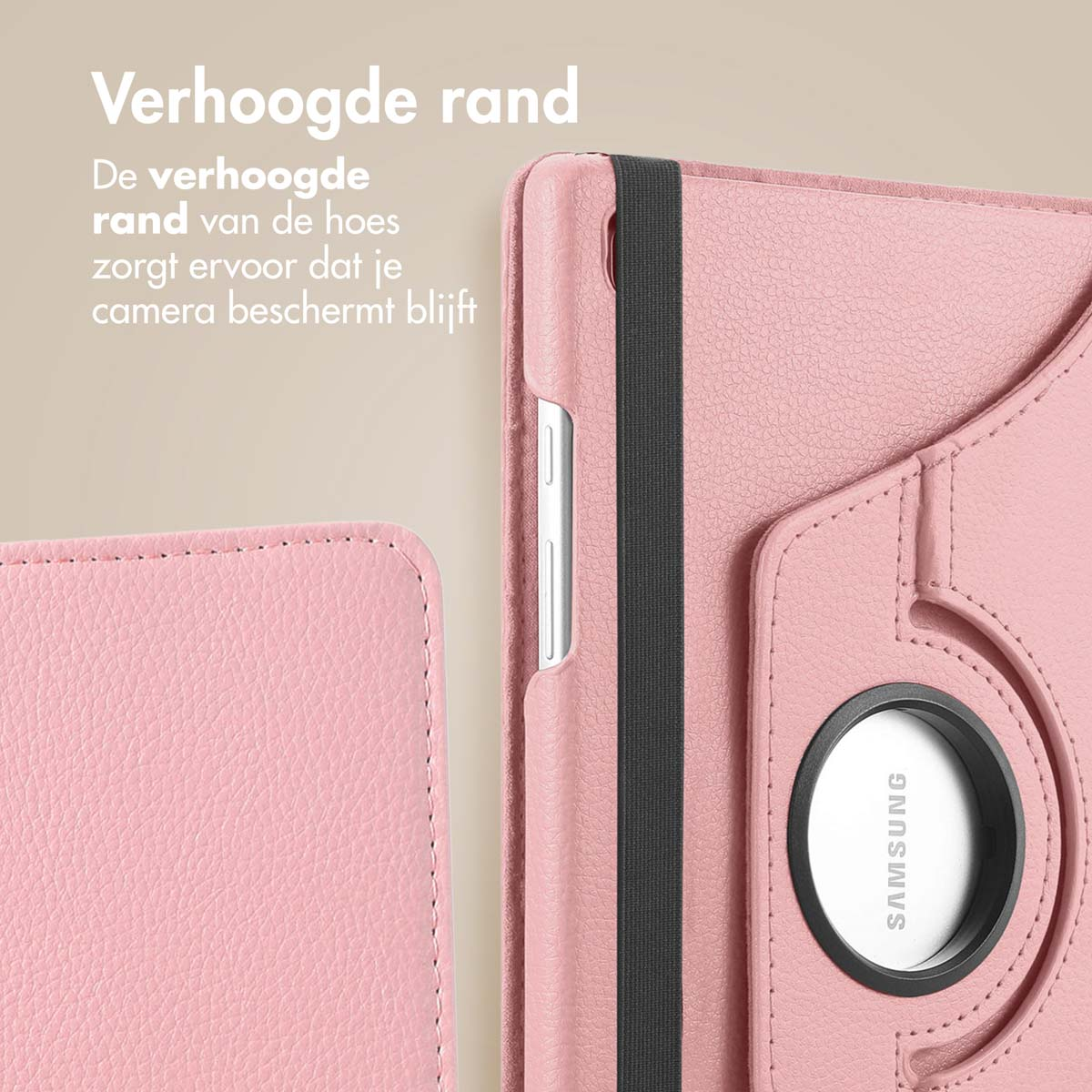 Étui de tablette rose partiellement ouvert. Bande élastique noire visible. Logo Samsung.