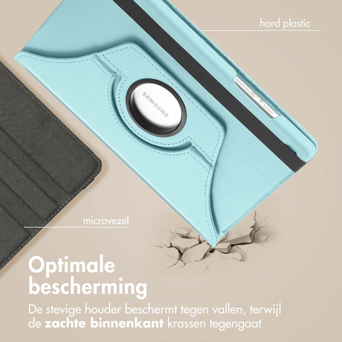 Un étui de tablette bleu clair avec une tablette à l'intérieur, sur une surface douce. Montrant l'intérieur.