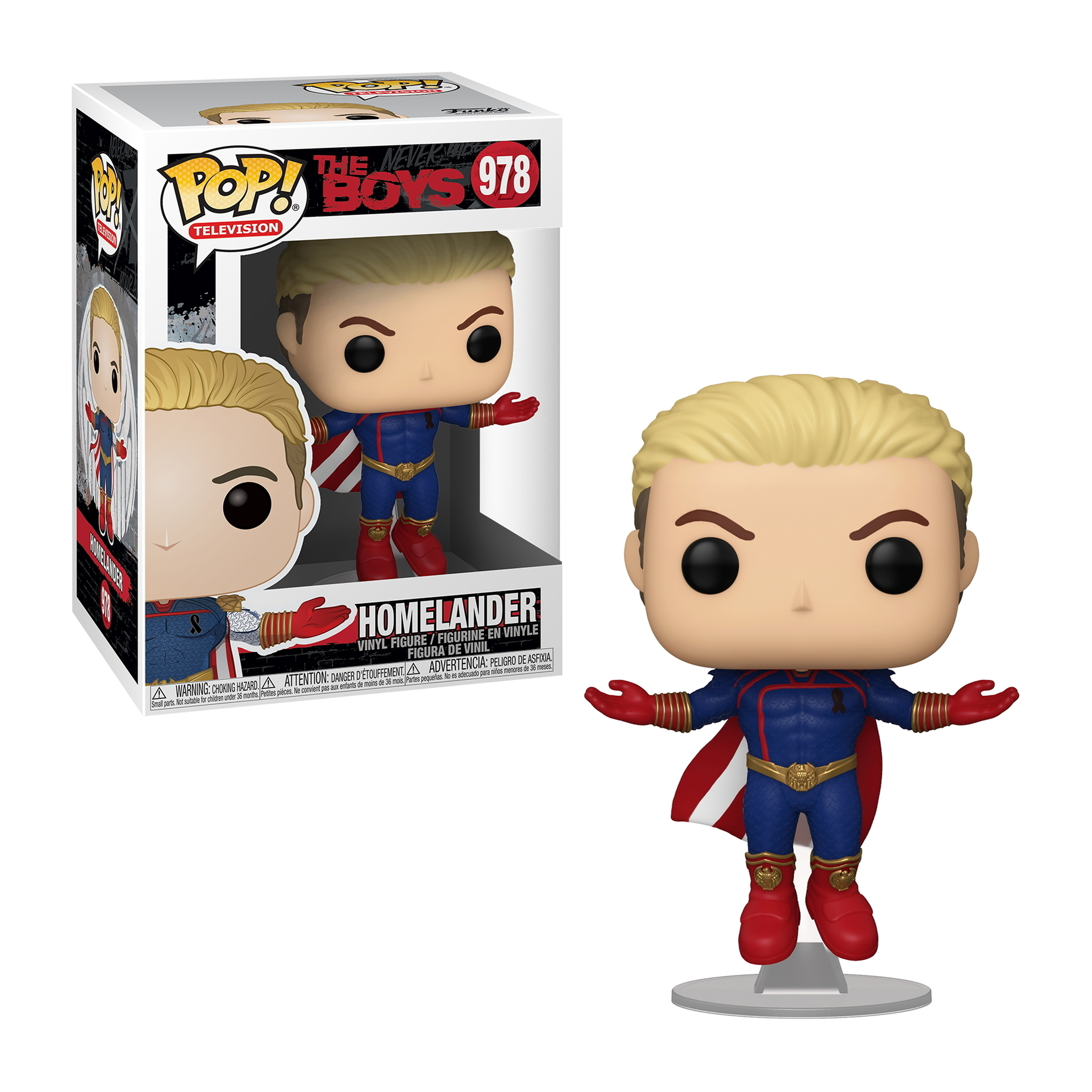 Homelander-Figur mit einer Box. Die Figur befindet sich in einer heldenhaften Pose mit ausgestreckten Armen.
