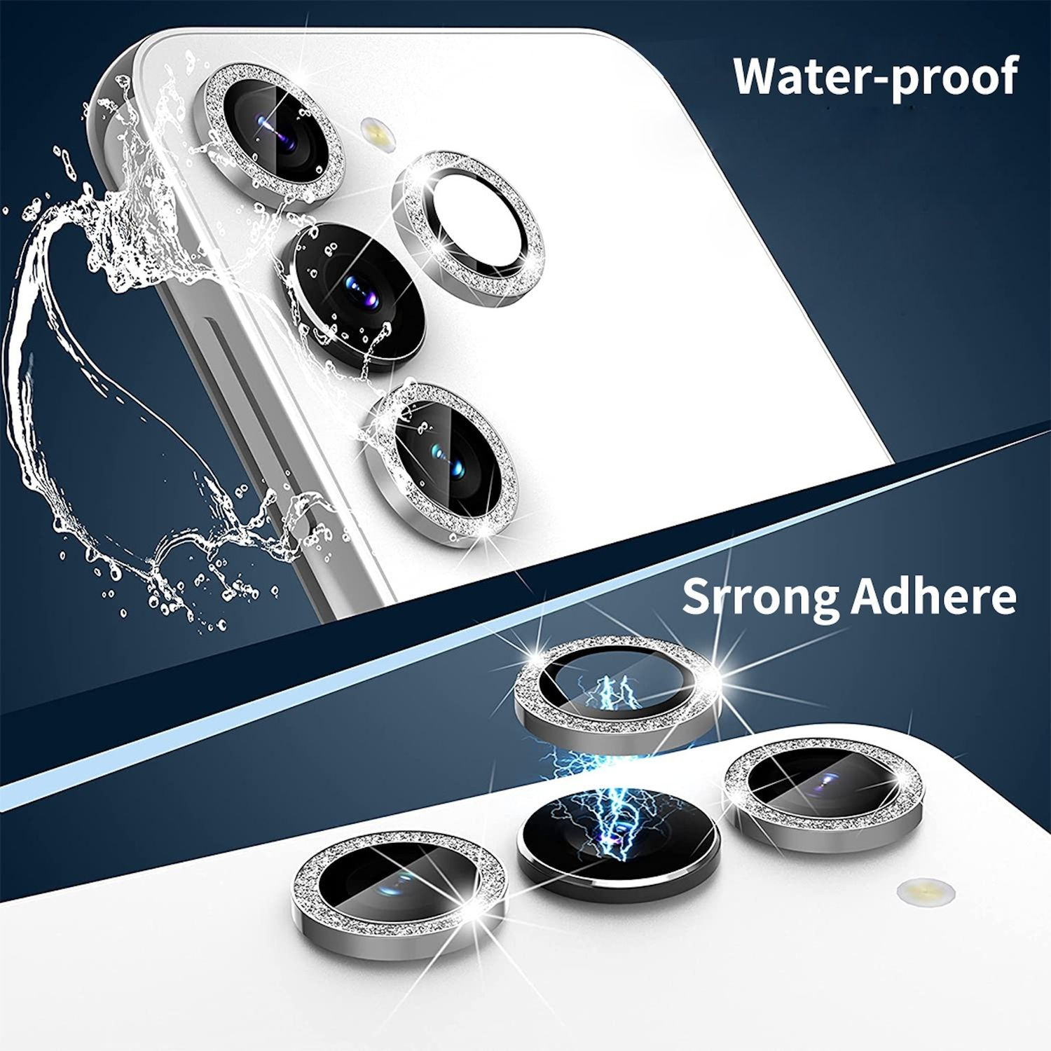 Primo piano degli obiettivi della fotocamera del telefono con anelli a forma di diamante e sfondo di spruzzi d'acqua.