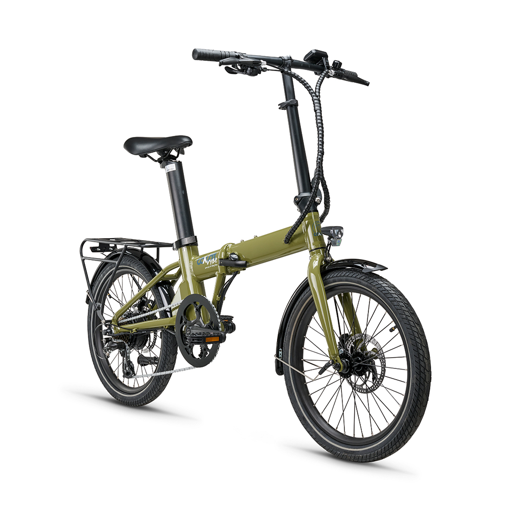 Ein olivgrünes Klappfahrrad. Der Hintergrund ist weiß.