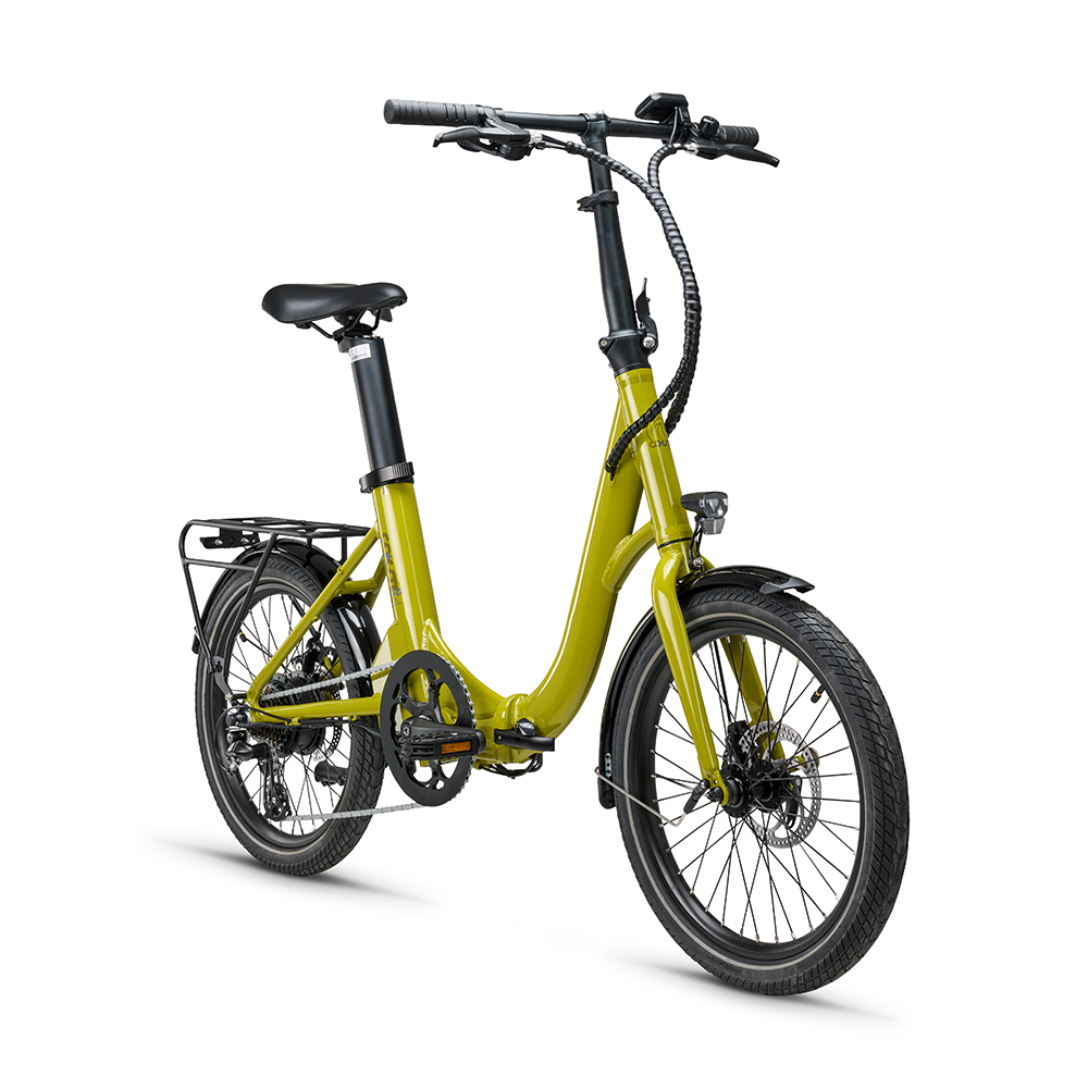 Ein grünes, zusammenklappbares Elektrofahrrad auf weißem Hintergrund. Das Fahrrad hat schwarze Komponenten.